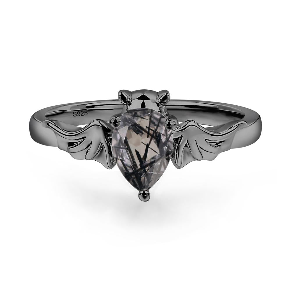 Black Rutilated Quartz Bat Engagement Ring - LUO Jewelry #metal_black finish sterling silver