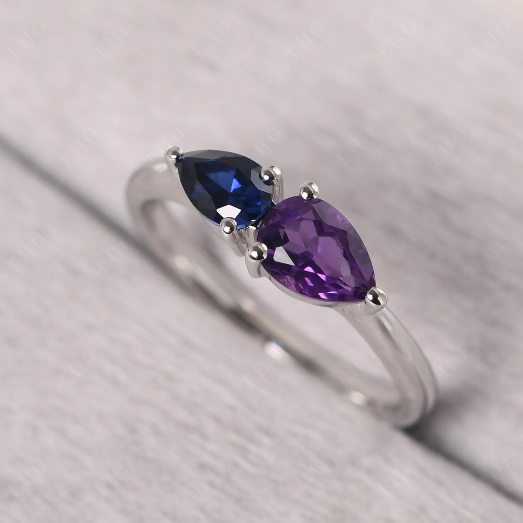 East West Pear Amethyst and Sapphire Ring - LUO Jewelry