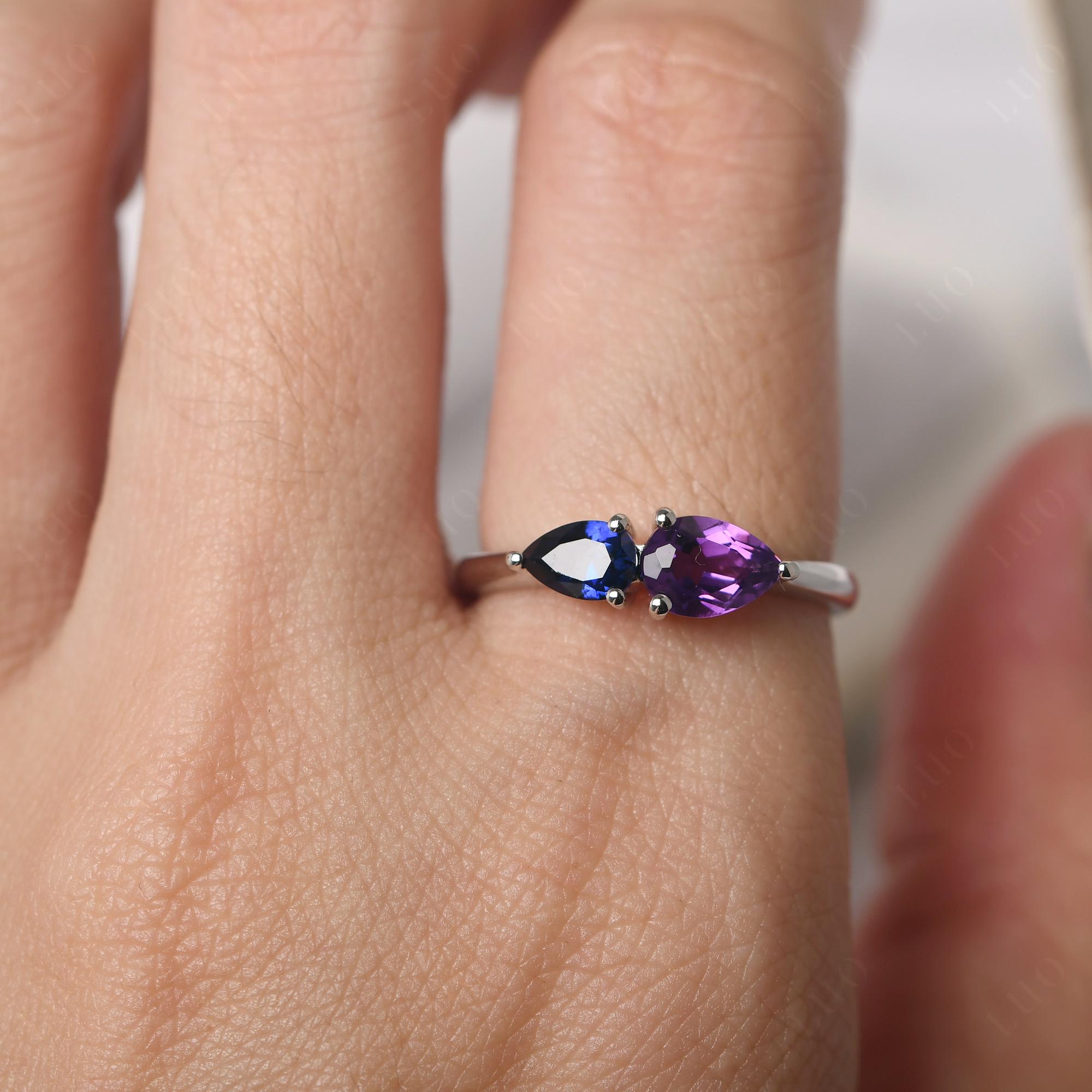 East West Pear Amethyst and Sapphire Ring - LUO Jewelry