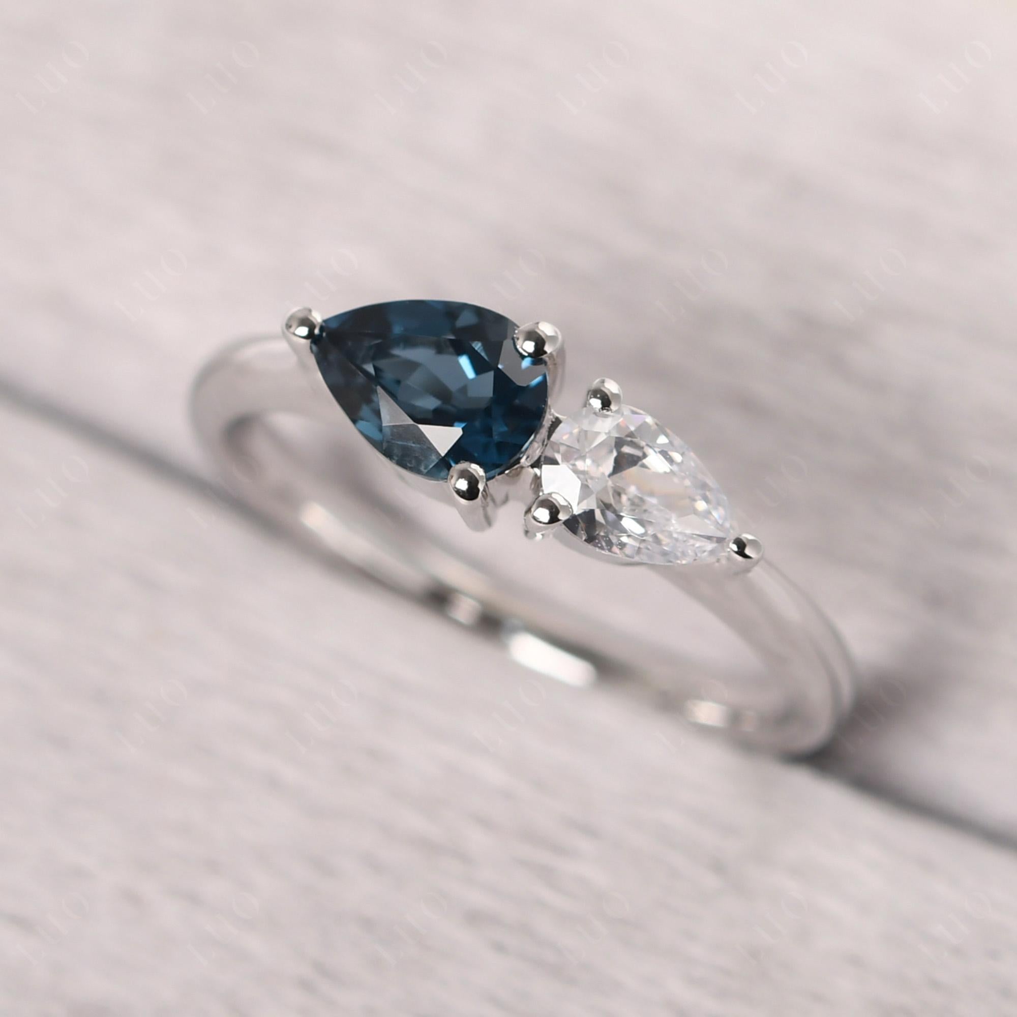 East West Pear Cubic Zirconia and London Blue Topaz Ring - LUO Jewelry