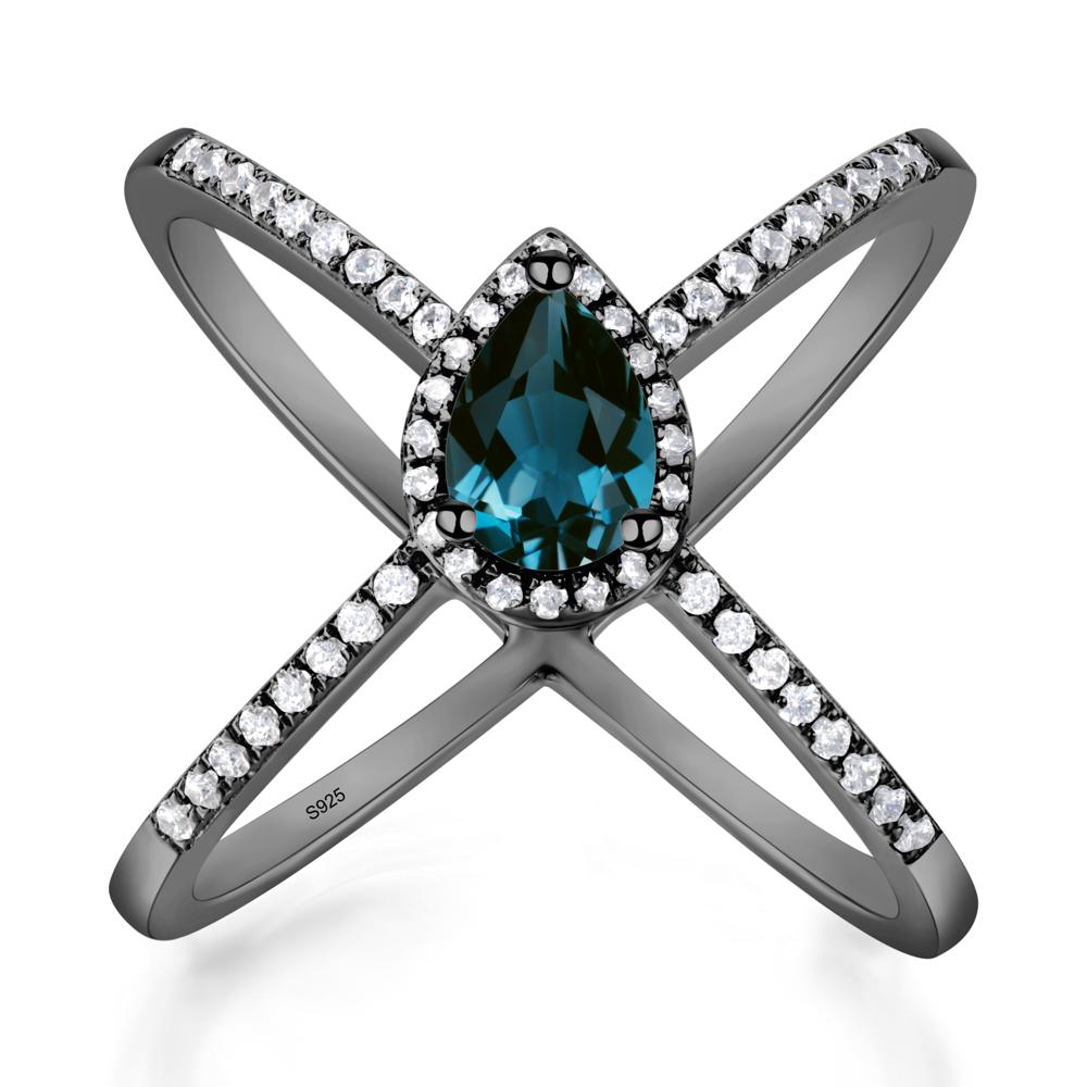 Pear Shaped London Blue Topaz Criss Cross Ring - LUO Jewelry #metal_black finish sterling silver