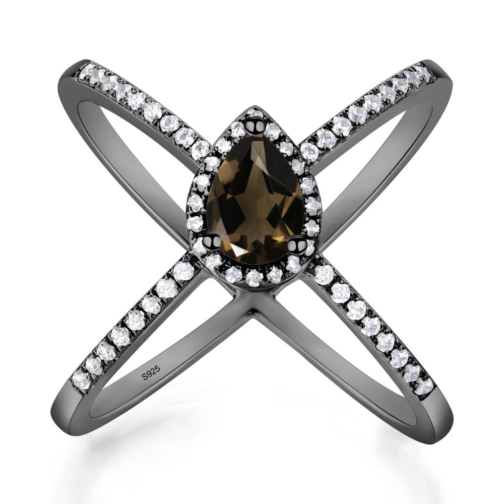 Pear Shaped Smoky Quartz Criss Cross Ring - LUO Jewelry #metal_black finish sterling silver