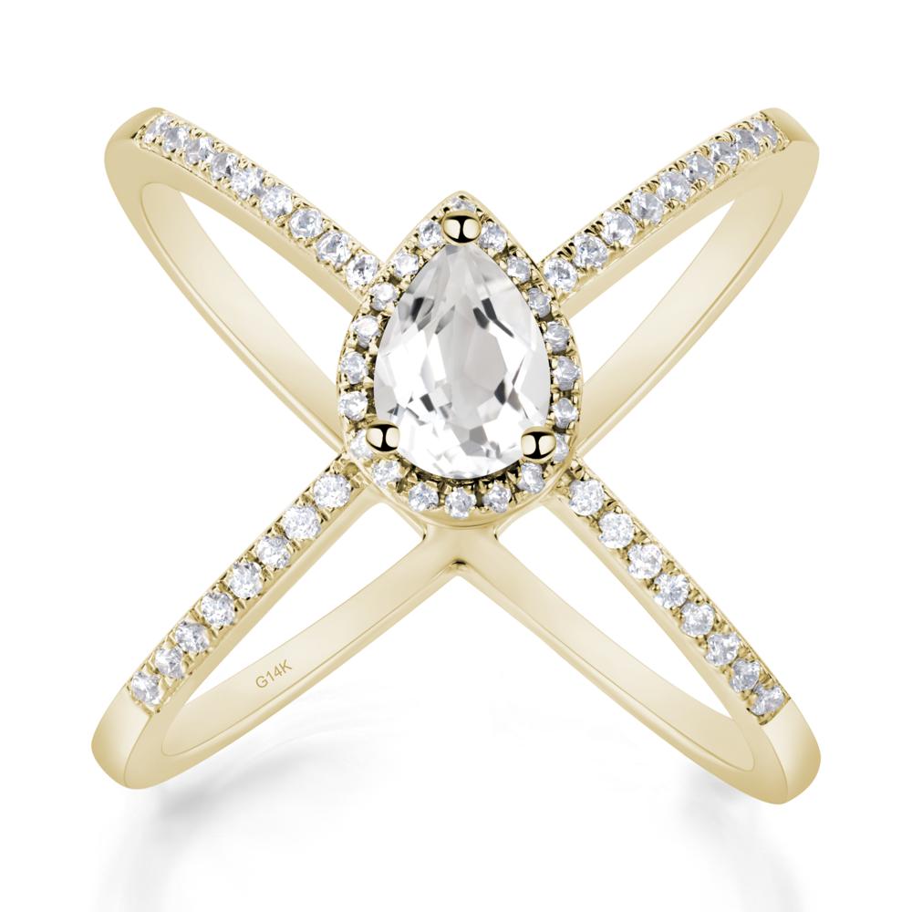 Pear Shaped White Topaz Criss Cross Ring - LUO Jewelry #metal_14k yellow gold
