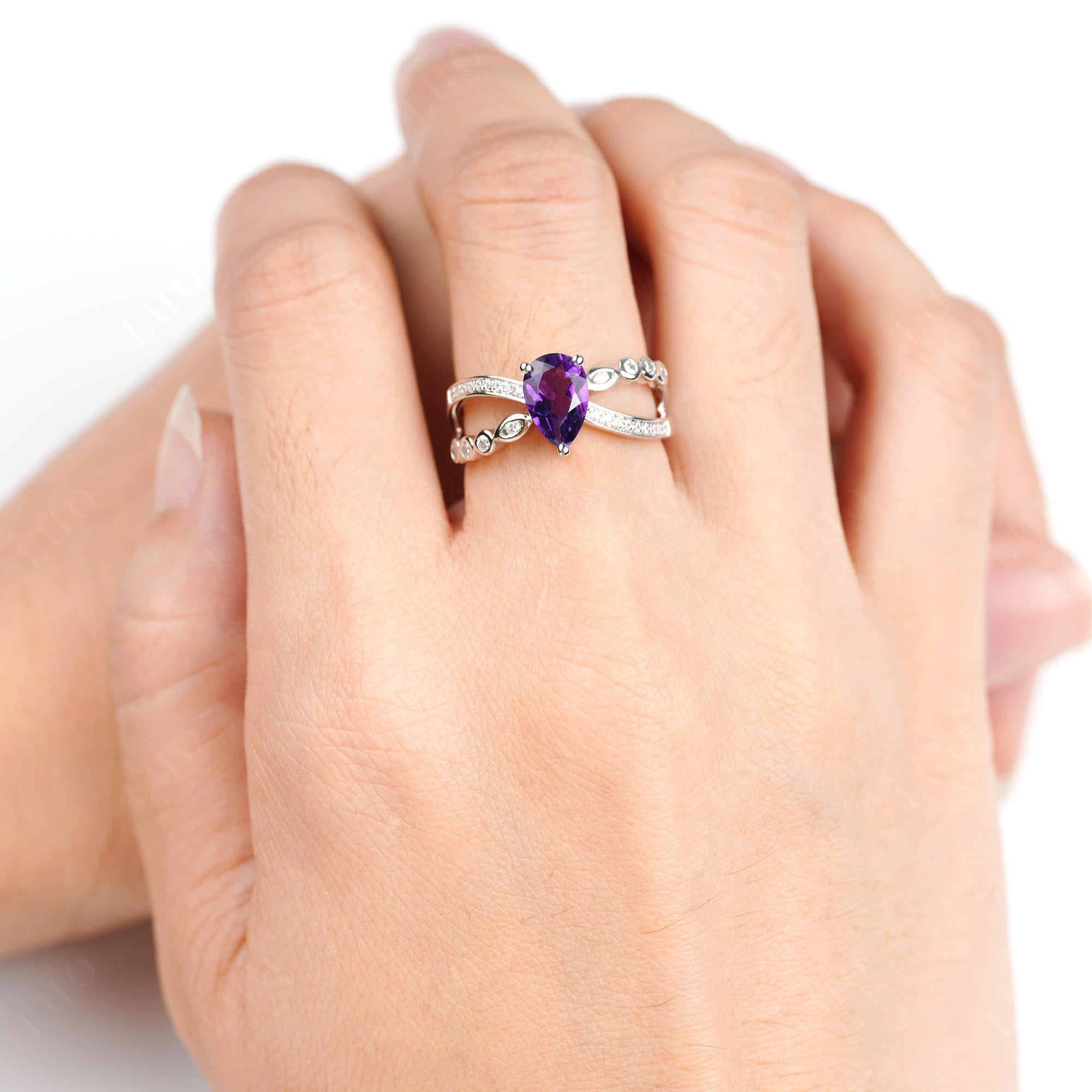 Pear Shaped Amethyst Crossover Ring - LUO Jewelry