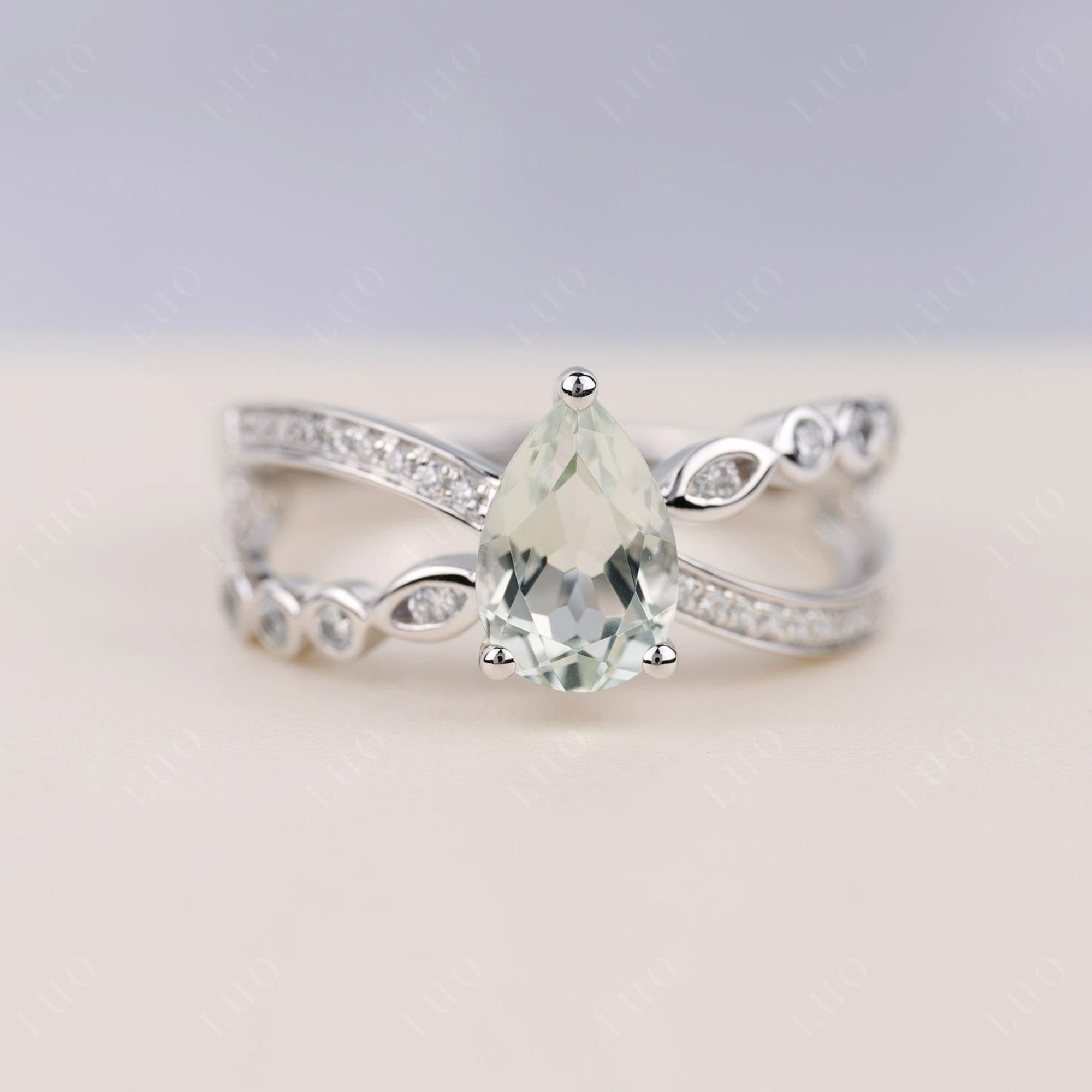 Pear Shaped Green Amethyst Crossover Ring - LUO Jewelry