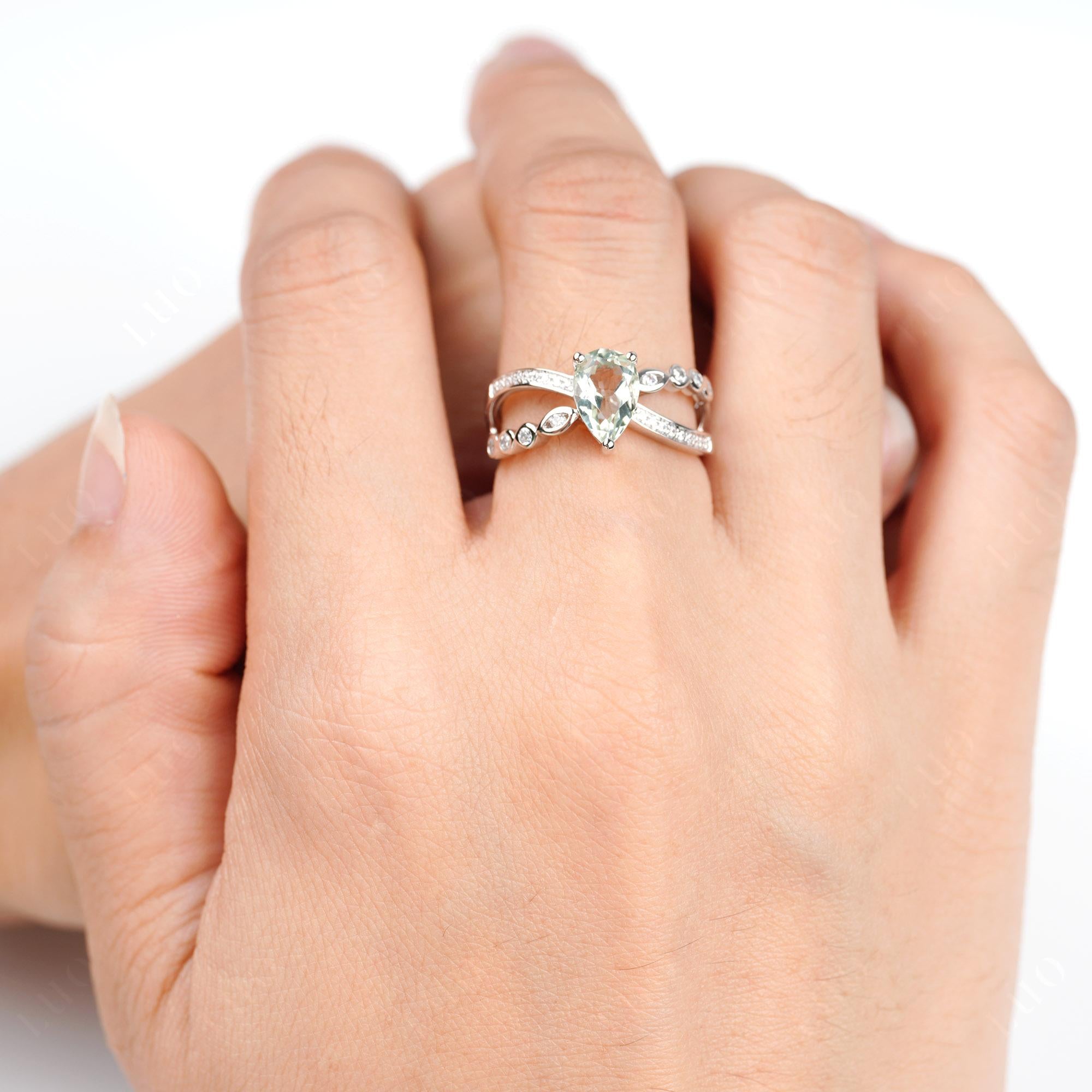 Pear Shaped Green Amethyst Crossover Ring - LUO Jewelry