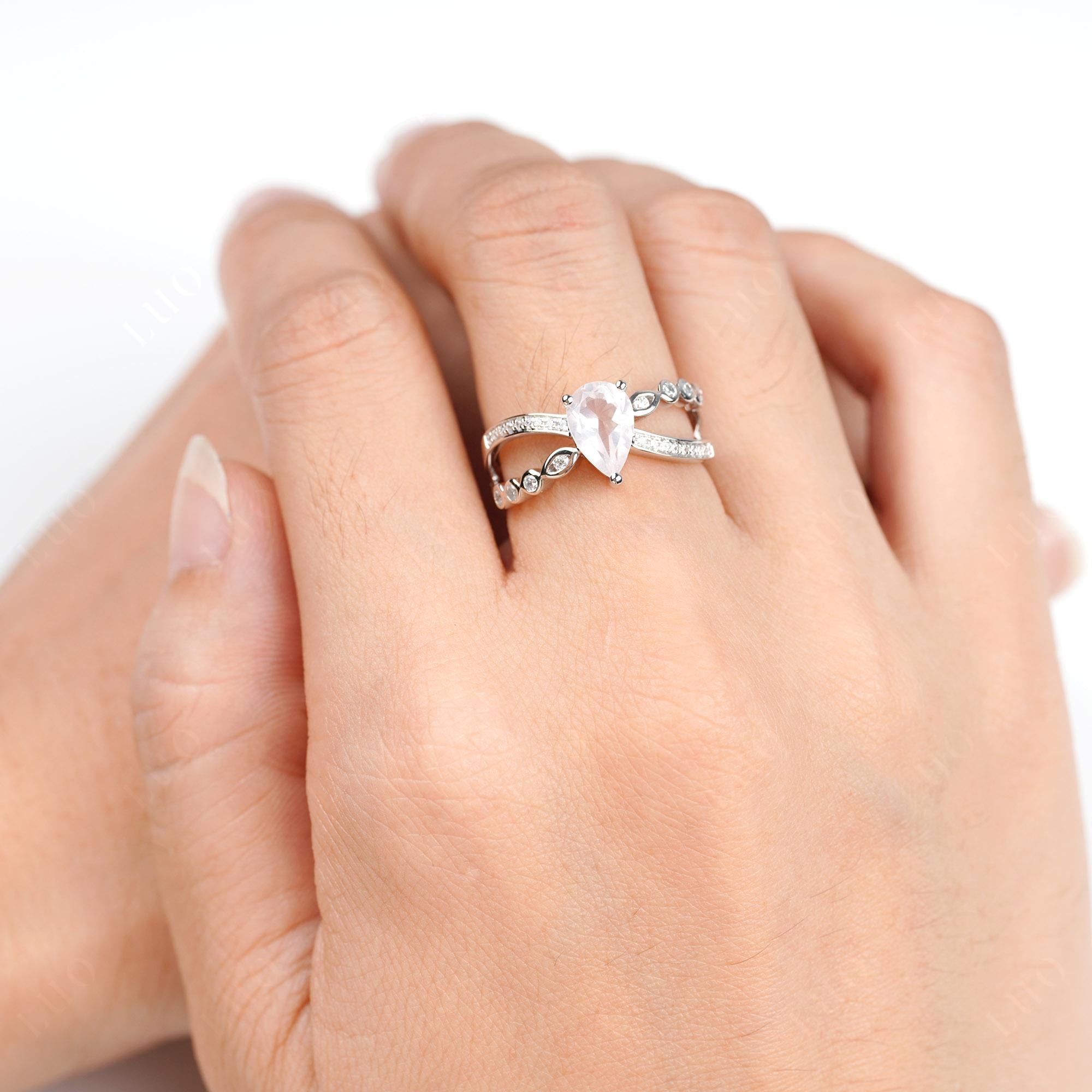 Pear Shaped Rose Quartz Crossover Ring - LUO Jewelry