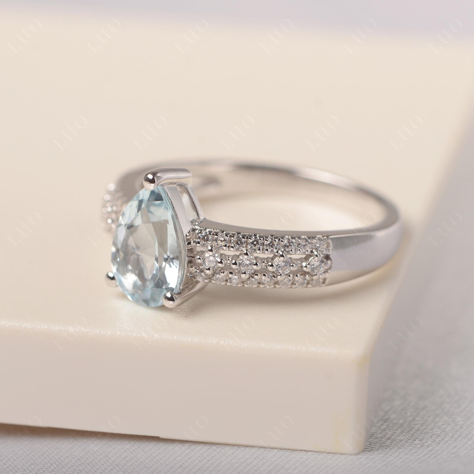 Aquamarine 3 Rows Pave Engagement Ring - LUO Jewelry