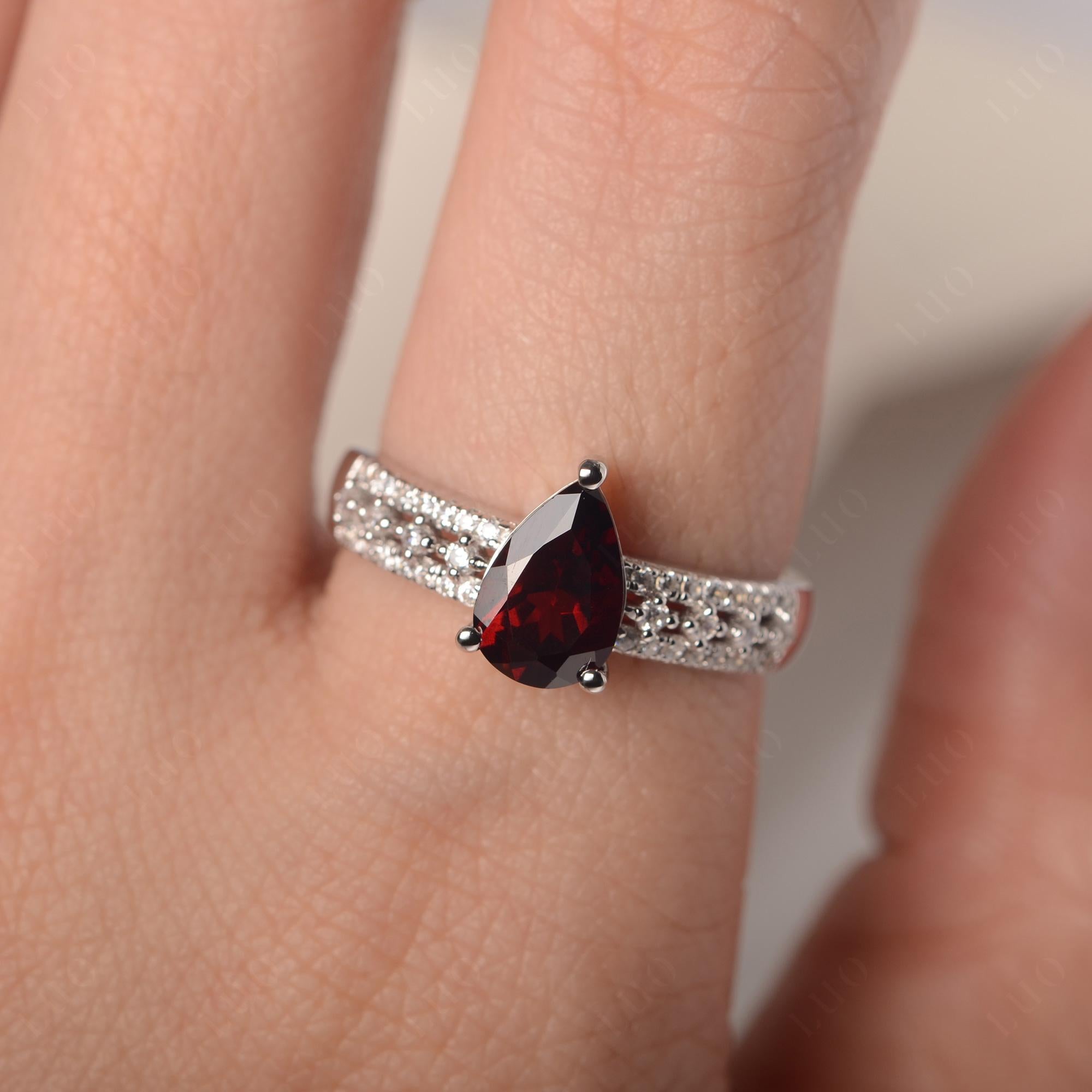 Garnet 3 Rows Pave Engagement Ring - LUO Jewelry