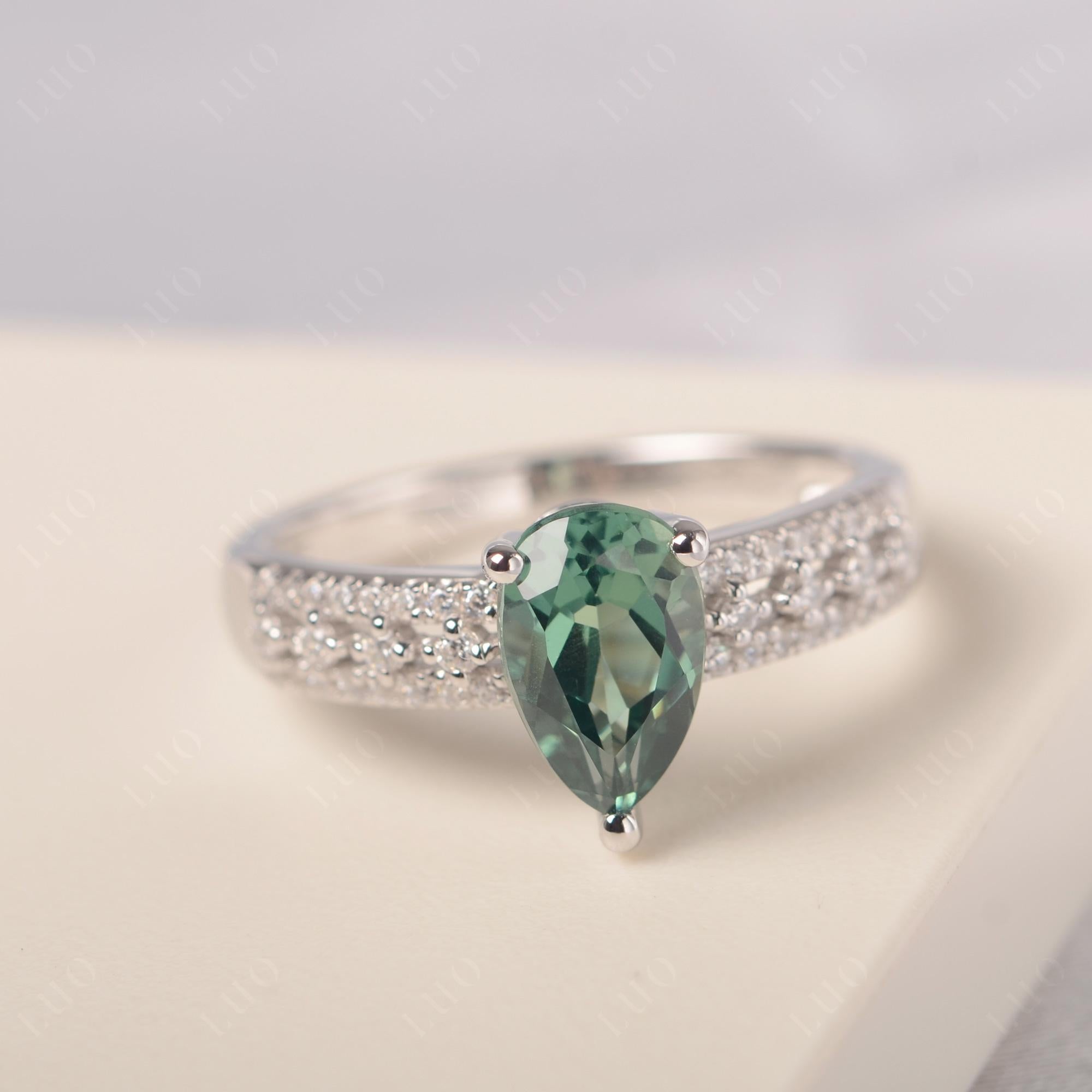 Green Sapphire 3 Rows Pave Engagement Ring - LUO Jewelry