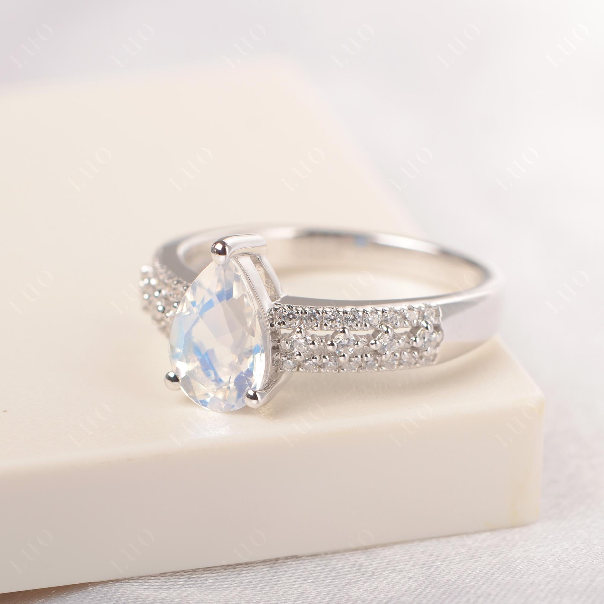 Moonstone 3 Rows Pave Engagement Ring - LUO Jewelry