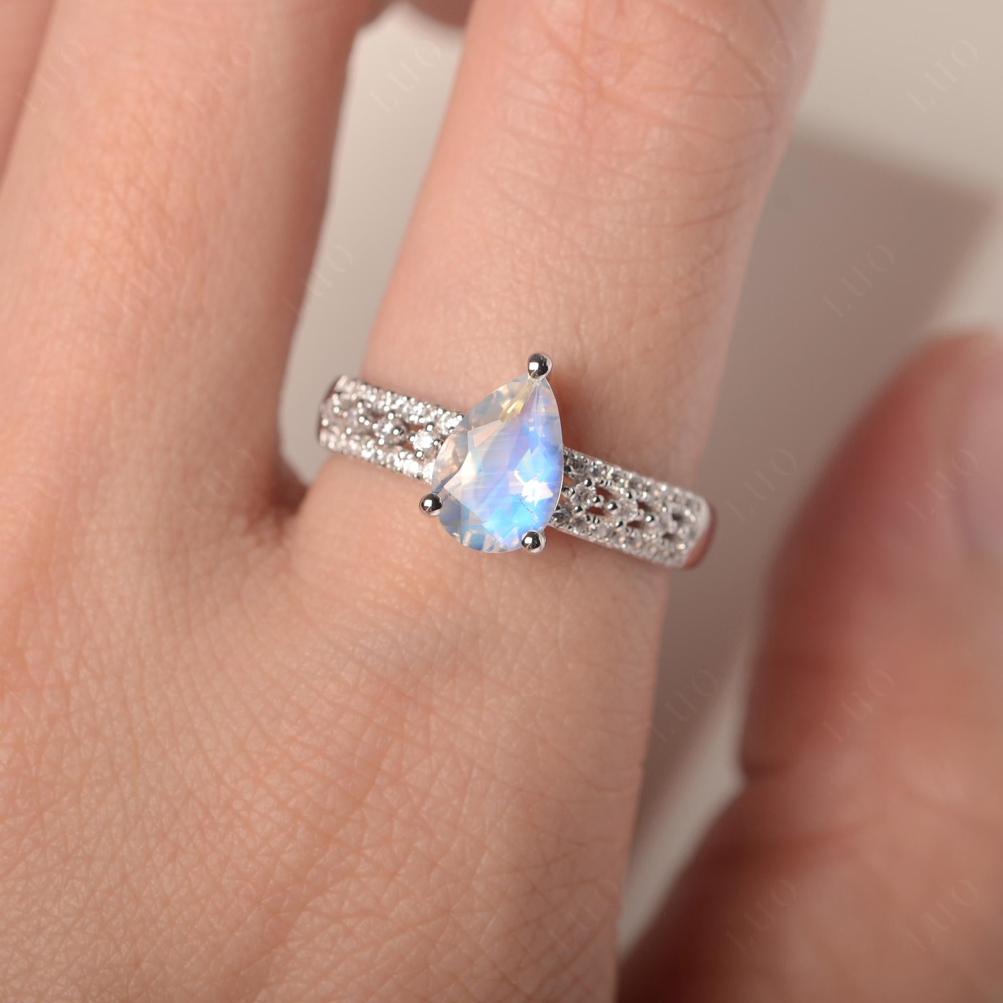 Moonstone 3 Rows Pave Engagement Ring - LUO Jewelry
