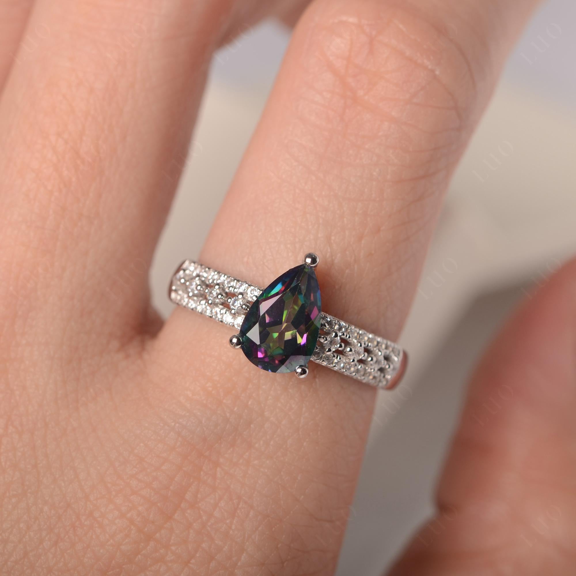 Mystic Topaz 3 Rows Pave Engagement Ring - LUO Jewelry