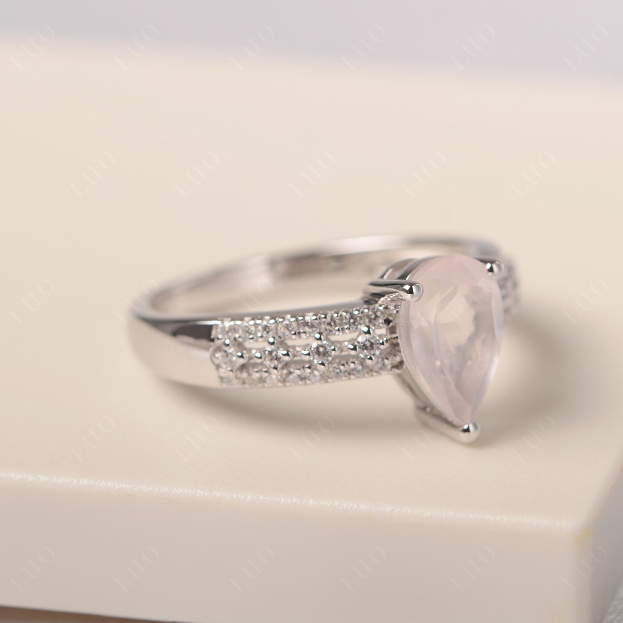 Rose Quartz 3 Rows Pave Engagement Ring - LUO Jewelry