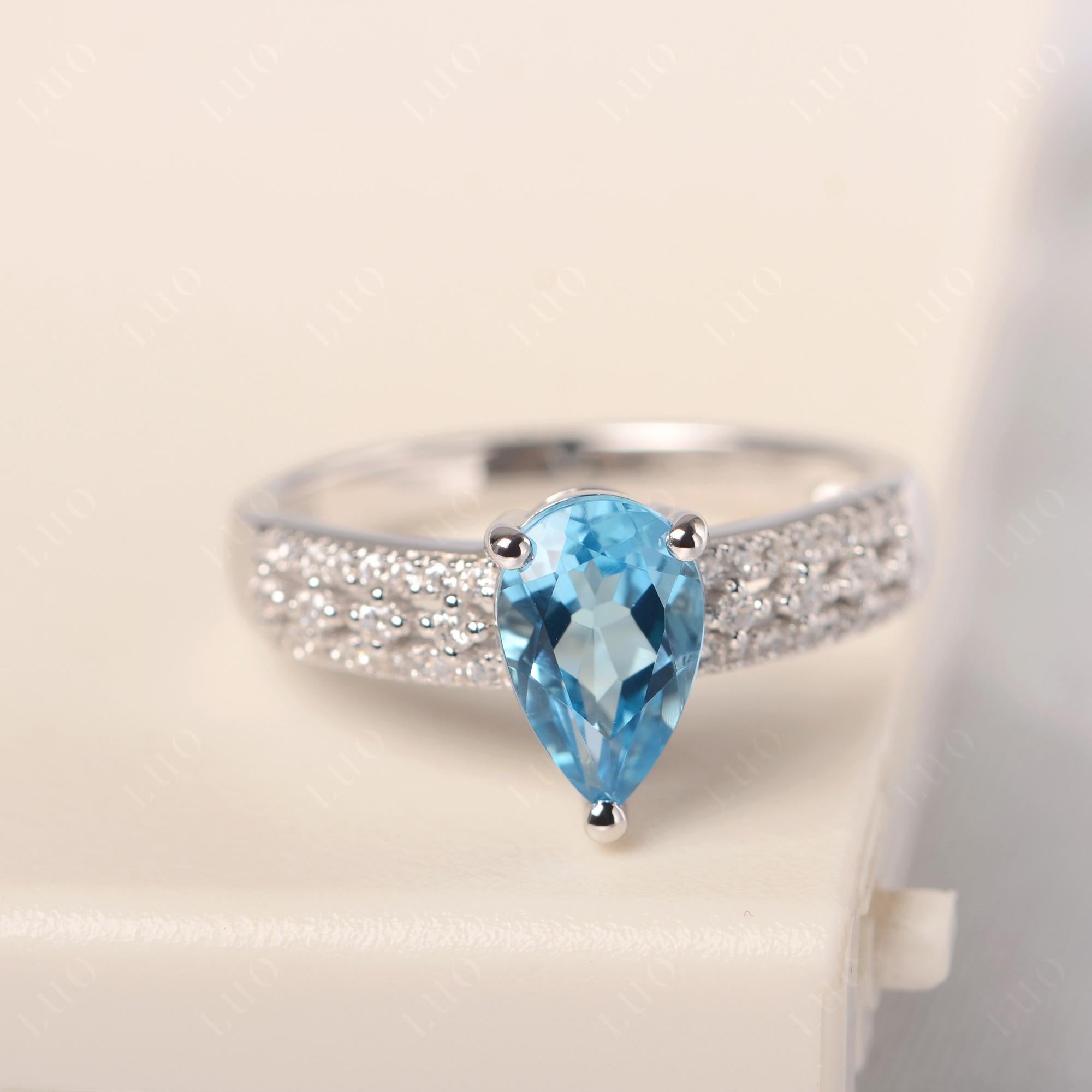 Swiss Blue Topaz 3 Rows Pave Engagement Ring - LUO Jewelry