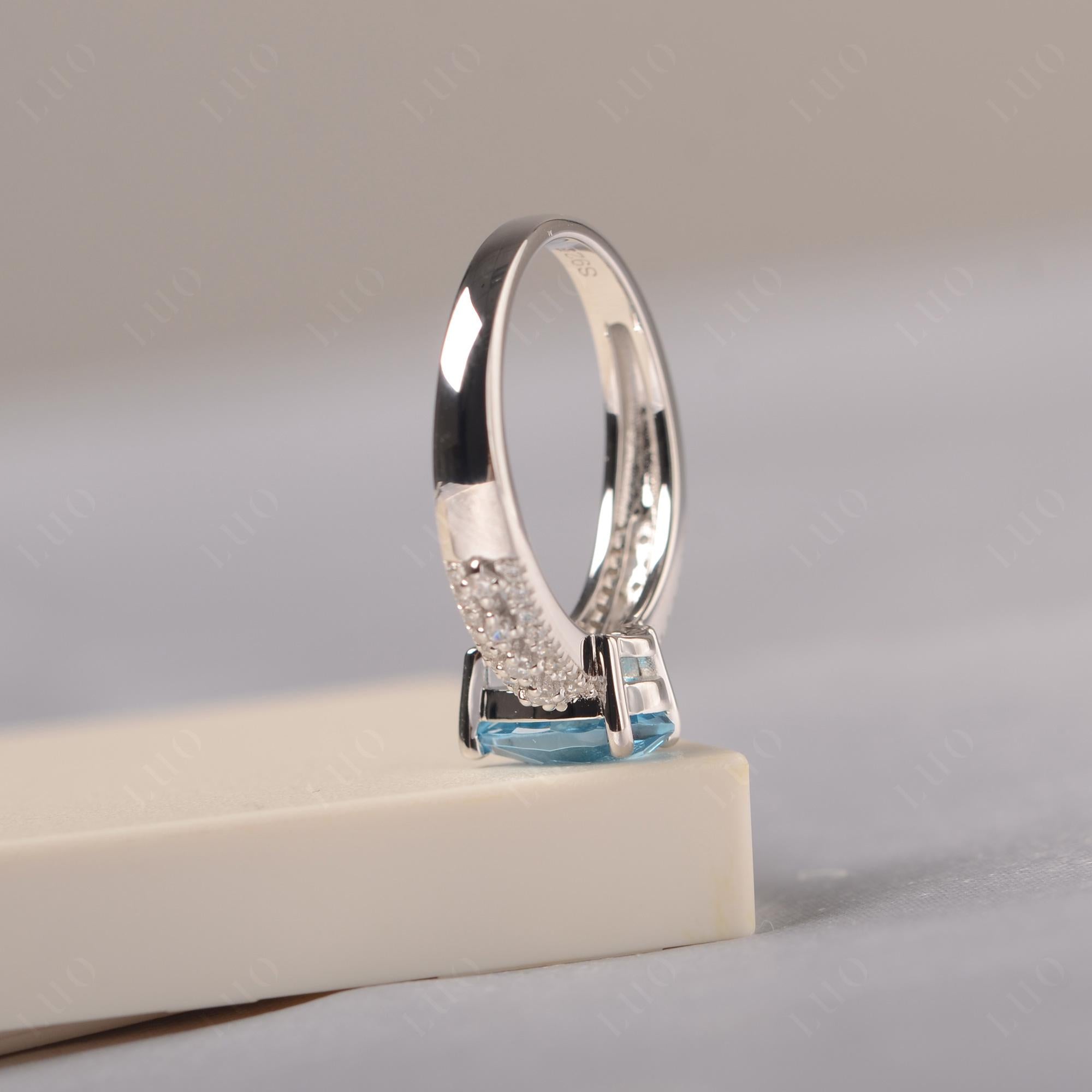 Swiss Blue Topaz 3 Rows Pave Engagement Ring - LUO Jewelry