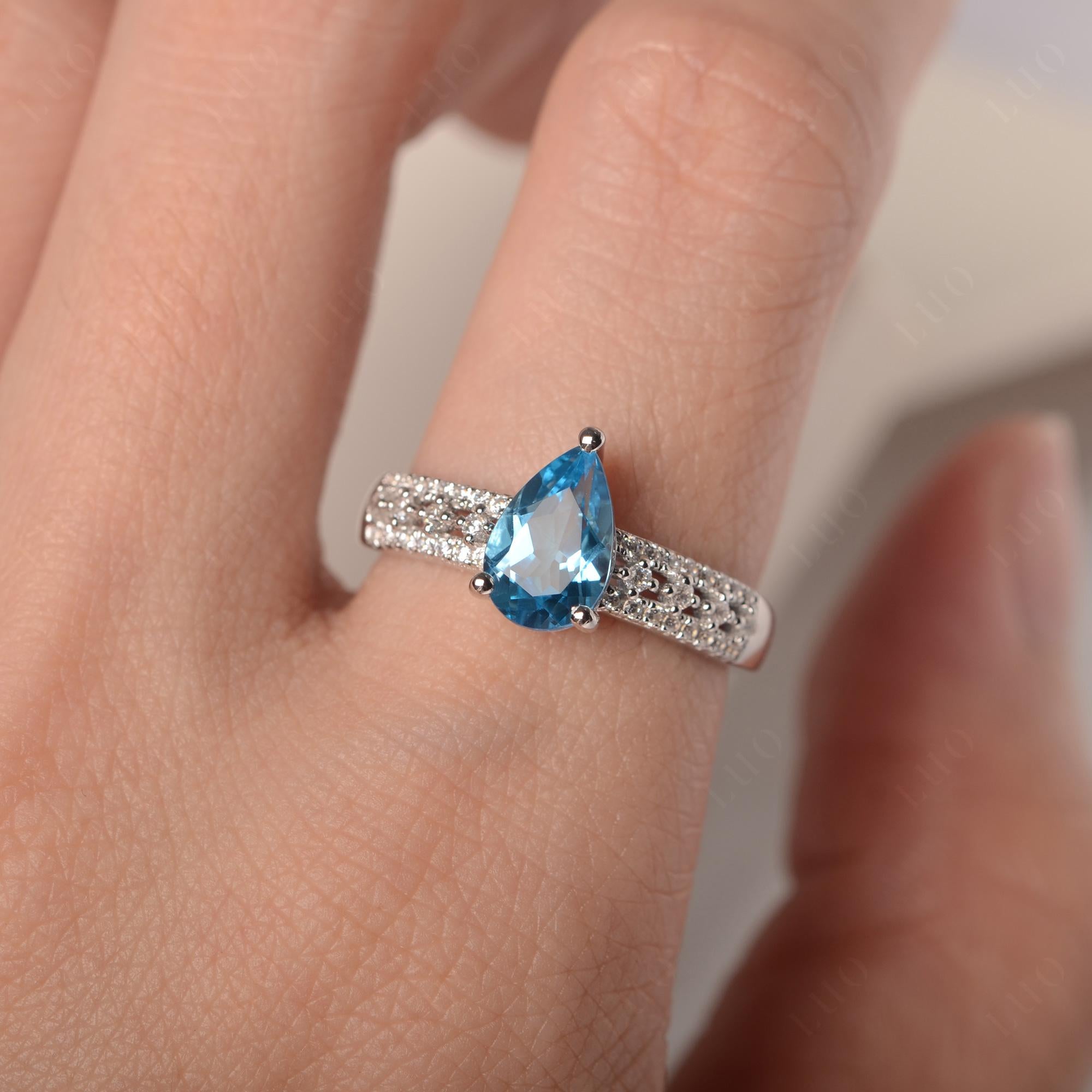 Swiss Blue Topaz 3 Rows Pave Engagement Ring - LUO Jewelry