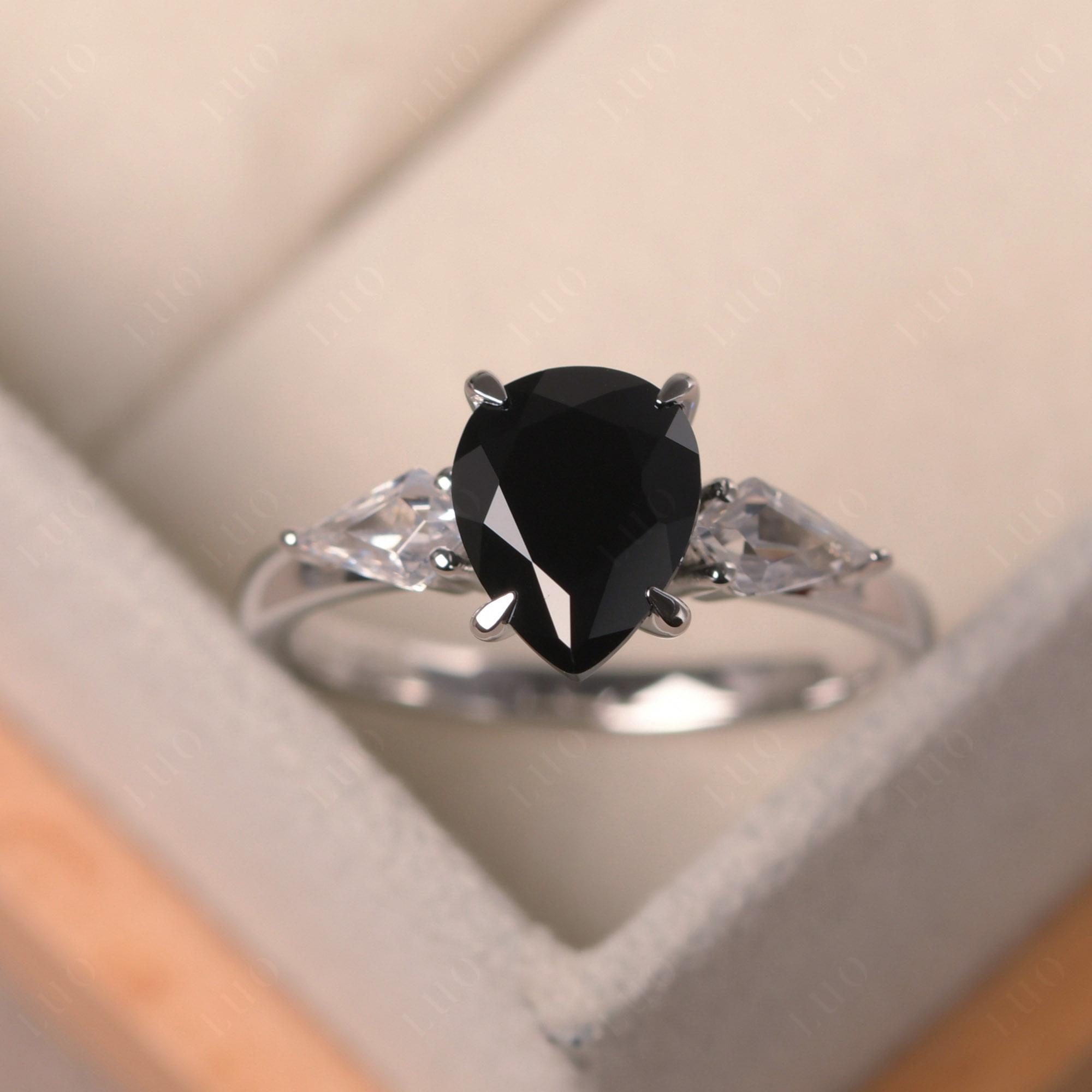 Pear Black Spinel Trilogy Engagement Ring - LUO Jewelry