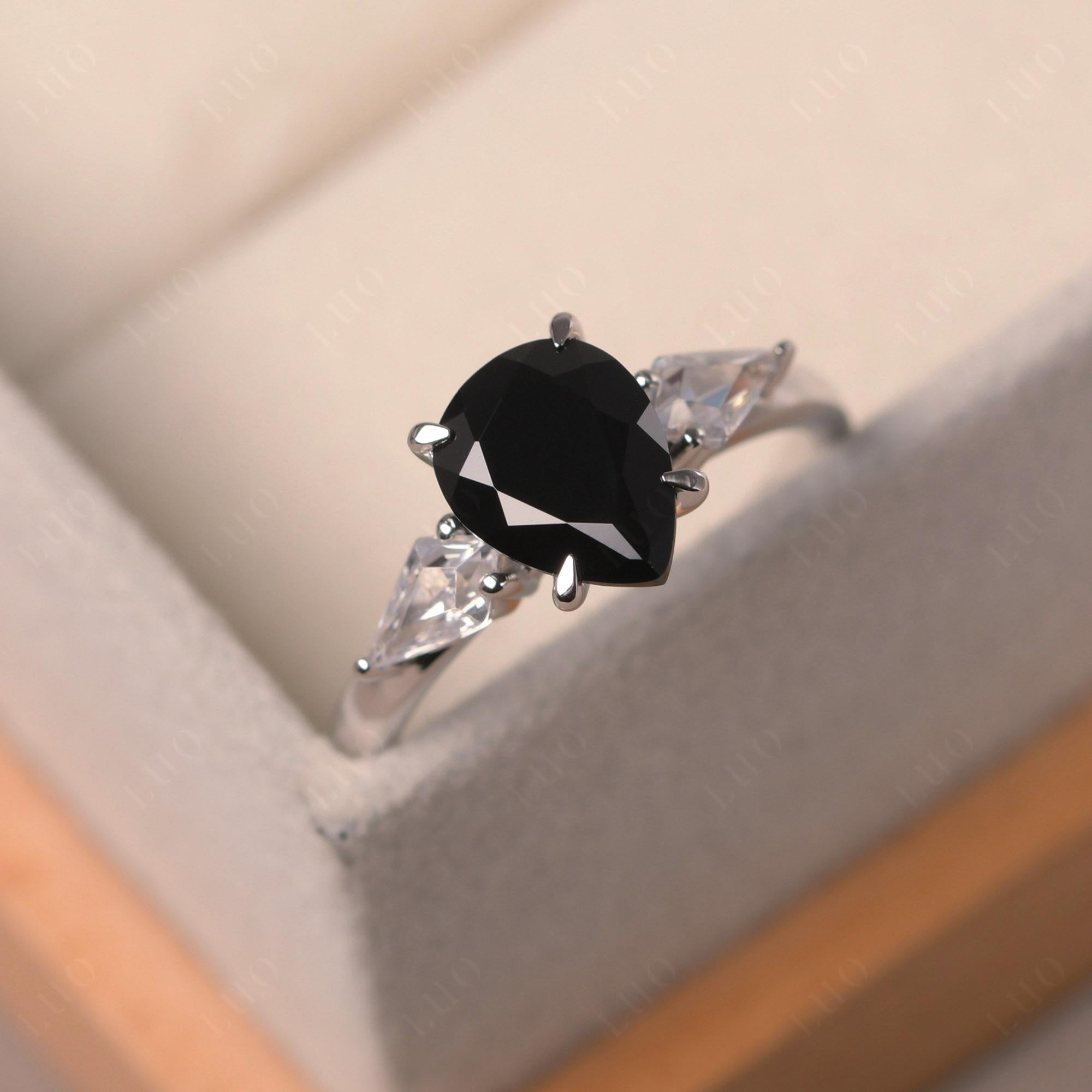 Pear Black Spinel Trilogy Engagement Ring - LUO Jewelry