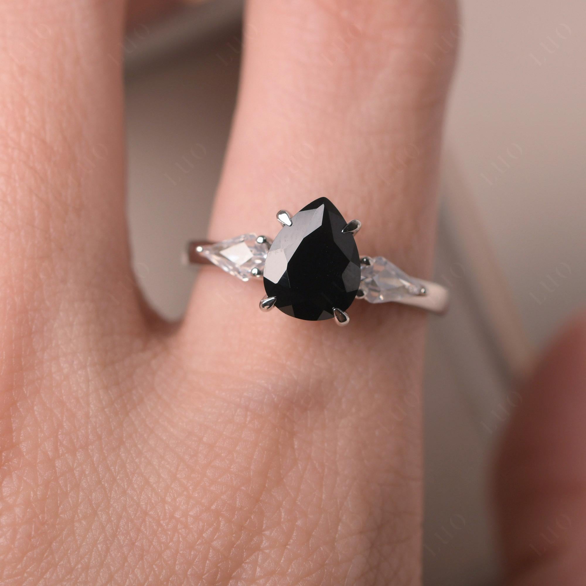 Pear Black Spinel Trilogy Engagement Ring - LUO Jewelry
