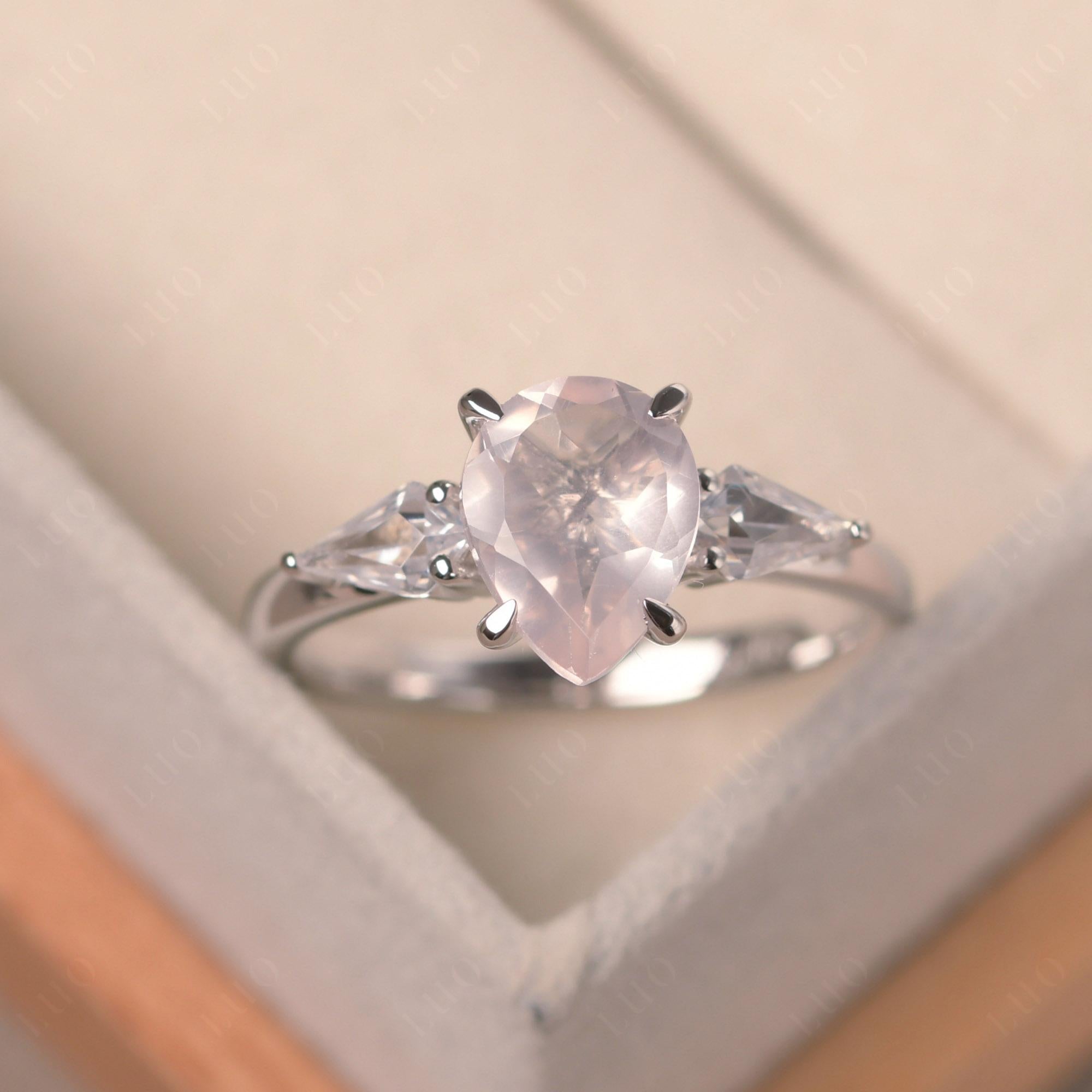 Pear Rose Quartz Trilogy Engagement Ring - LUO Jewelry