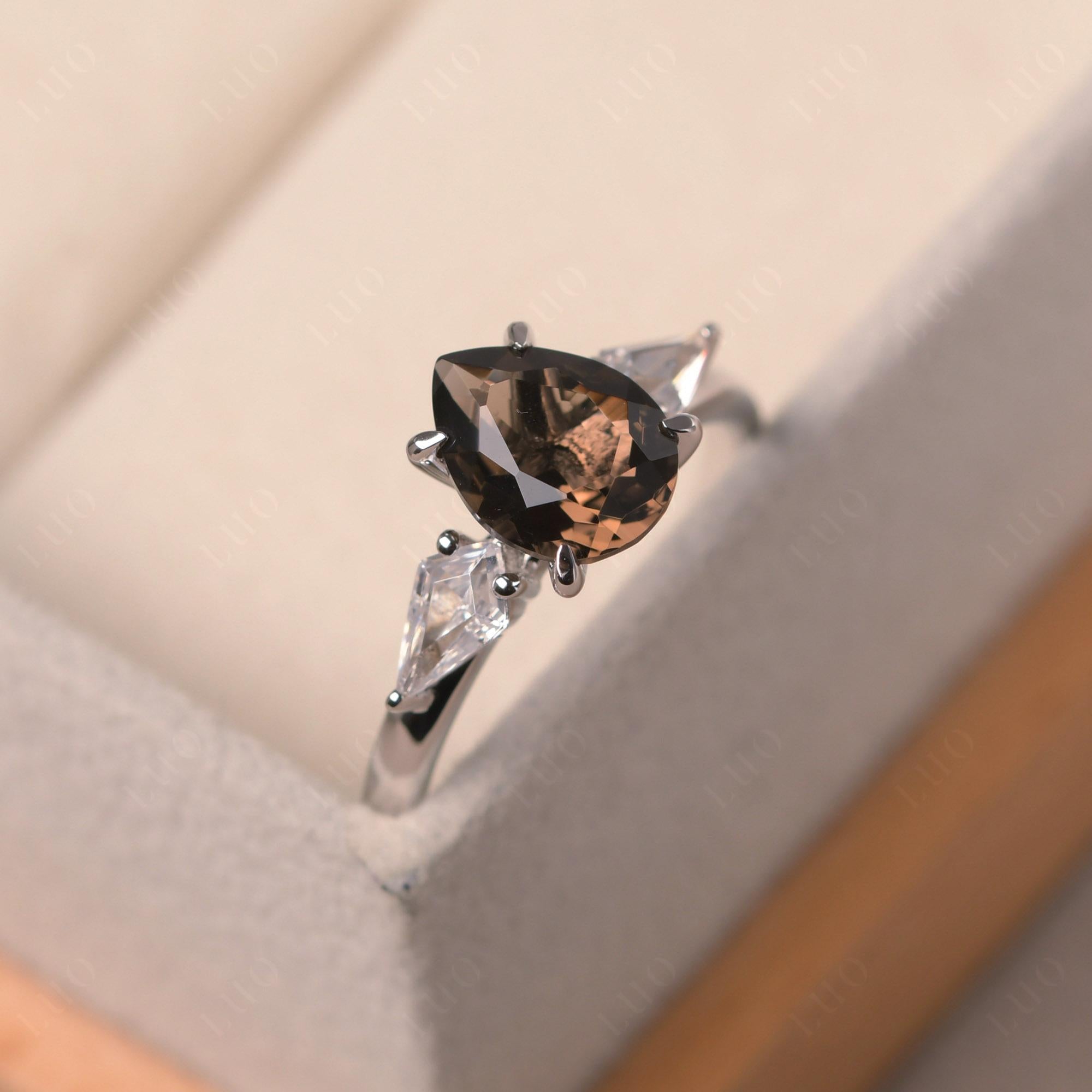 Pear Smoky Quartz Trilogy Engagement Ring - LUO Jewelry