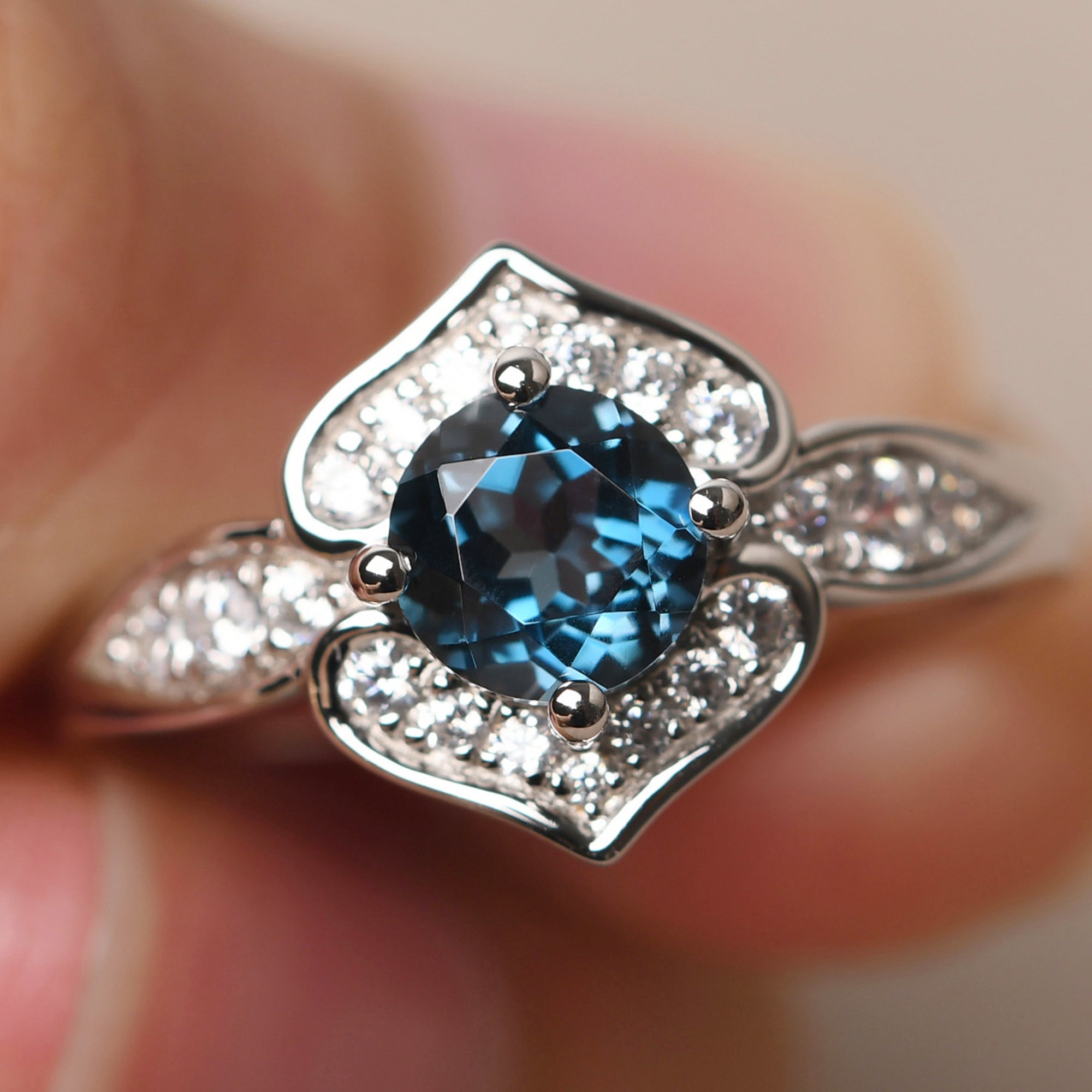 Round Cut London Blue Topaz Dainty Engagement Ring