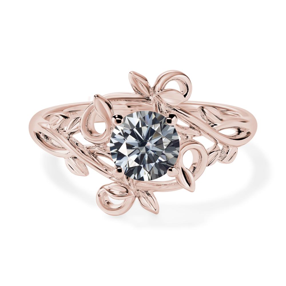 Round Cut Grey Moissanite Leaf Ring | LUO Jewelry #metal_14k rose gold