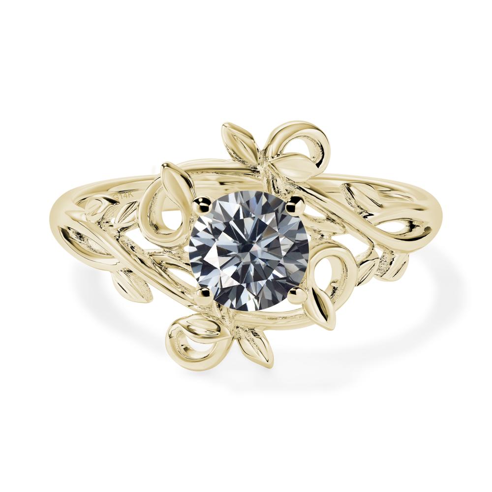 Round Cut Grey Moissanite Leaf Ring | LUO Jewelry #metal_14k yellow gold