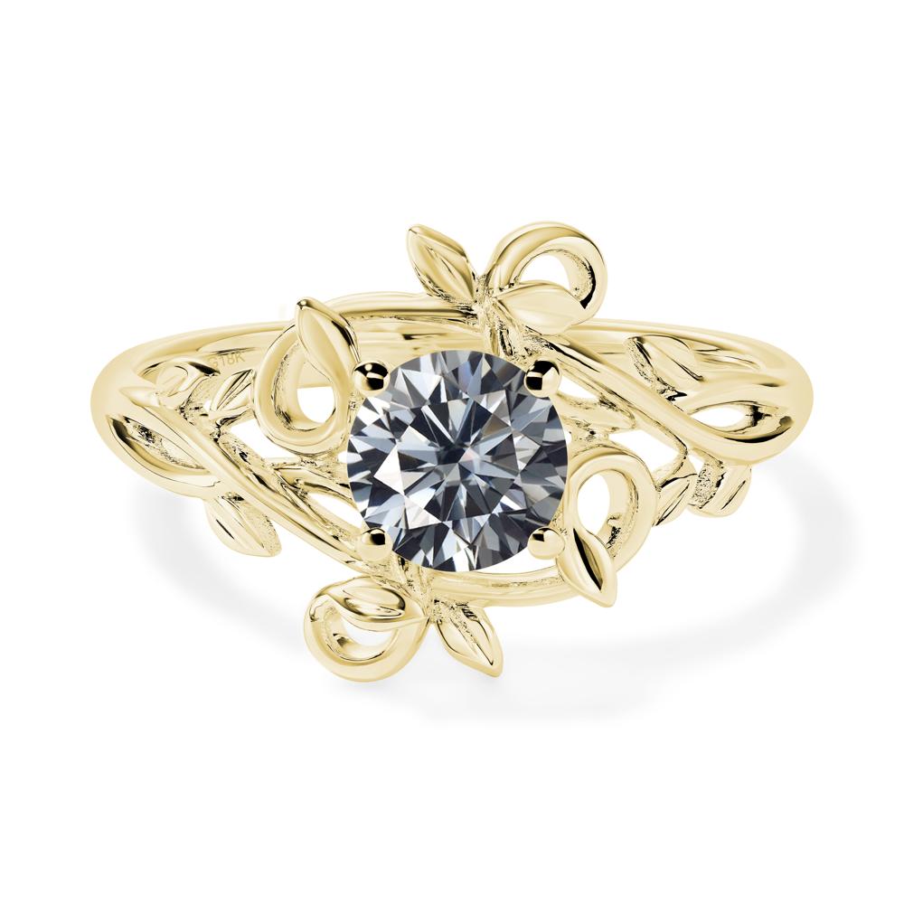 Round Cut Grey Moissanite Leaf Ring | LUO Jewelry #metal_18k yellow gold