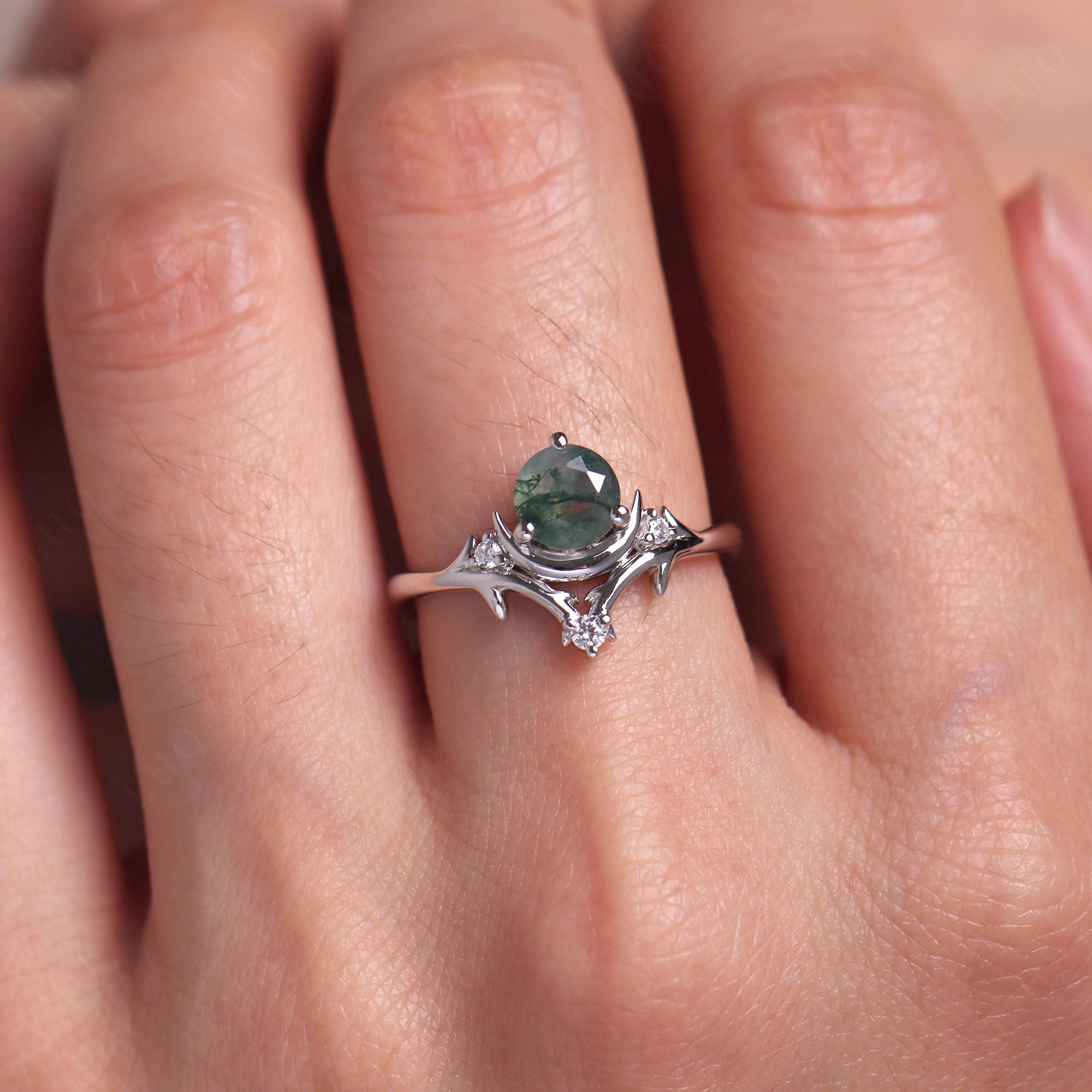 Moss Agate Ring with Moon and Star - LUO Jewelry