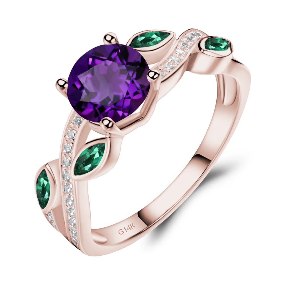 Amethyst and Emerald Twisted Leaf Engagement Ring - LUO Jewelry #metal_14k rose gold