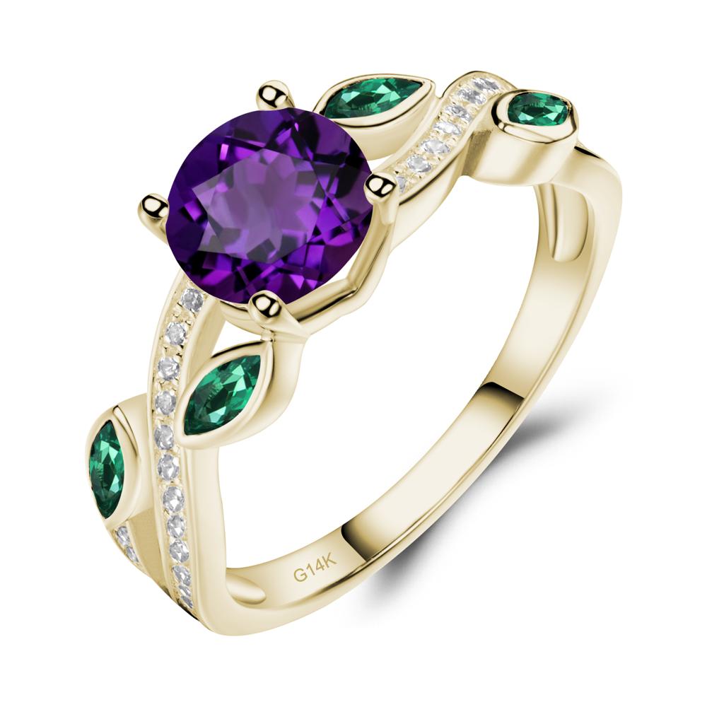 Amethyst and Emerald Twisted Leaf Engagement Ring - LUO Jewelry #metal_14k yellow gold