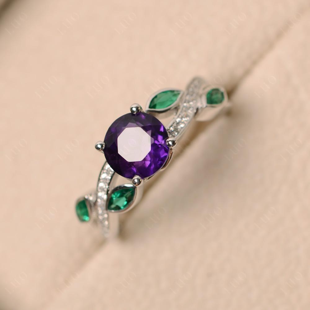 Amethyst and Emerald Twisted Leaf Engagement Ring - LUO Jewelry