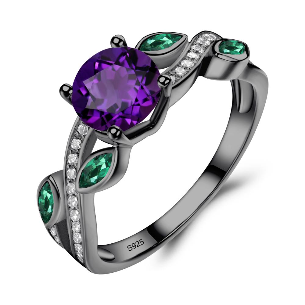 Amethyst and Emerald Twisted Leaf Engagement Ring - LUO Jewelry #metal_black finish sterling silver