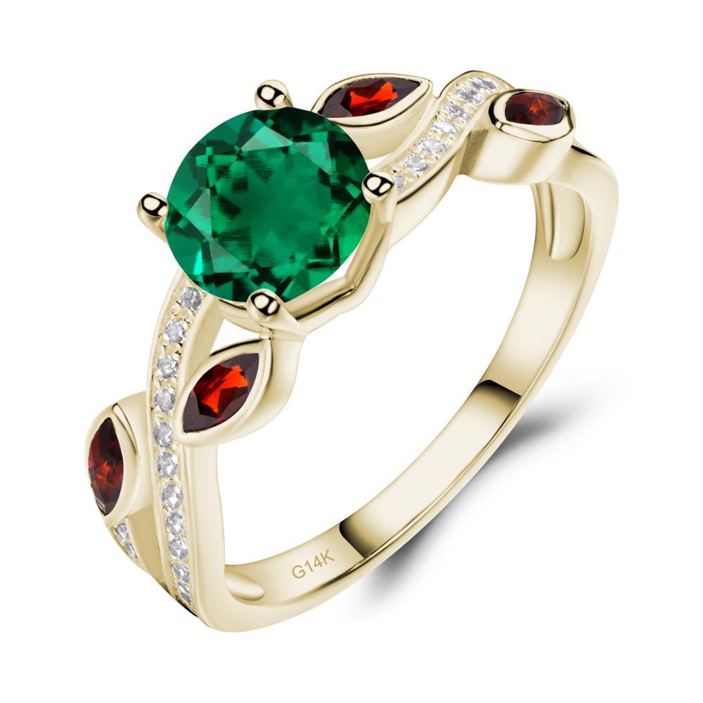 Emerald and Garnet Engagement Ring with Leaf - LUO Jewelry #metal_14k yellow gold
