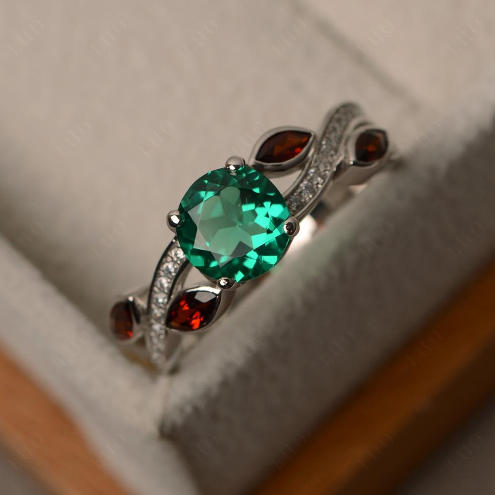 Emerald and Garnet Engagement Ring with Leaf - LUO Jewelry