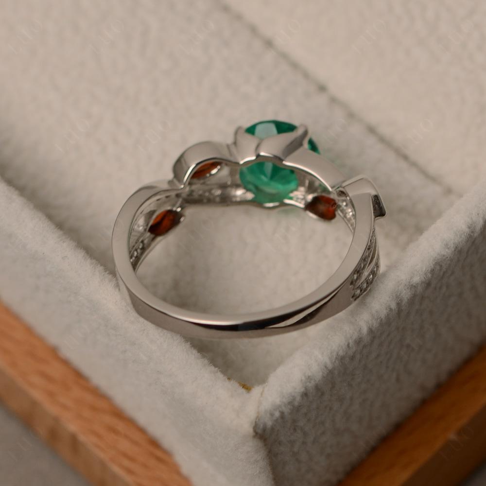 Emerald and Garnet Engagement Ring with Leaf - LUO Jewelry