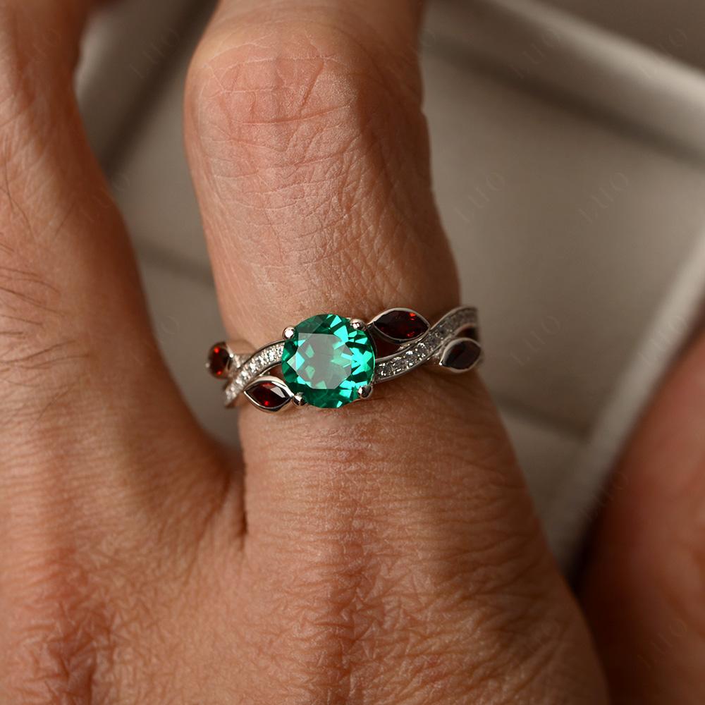 Emerald and Garnet Engagement Ring with Leaf - LUO Jewelry