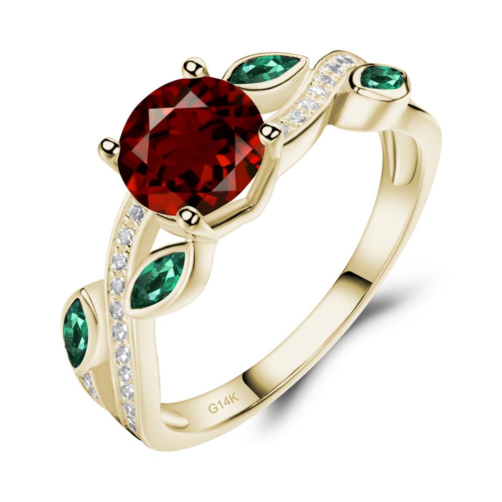 Garnet and Emerald Twisted Leaf Engagement Ring - LUO Jewelry #metal_14k yellow gold