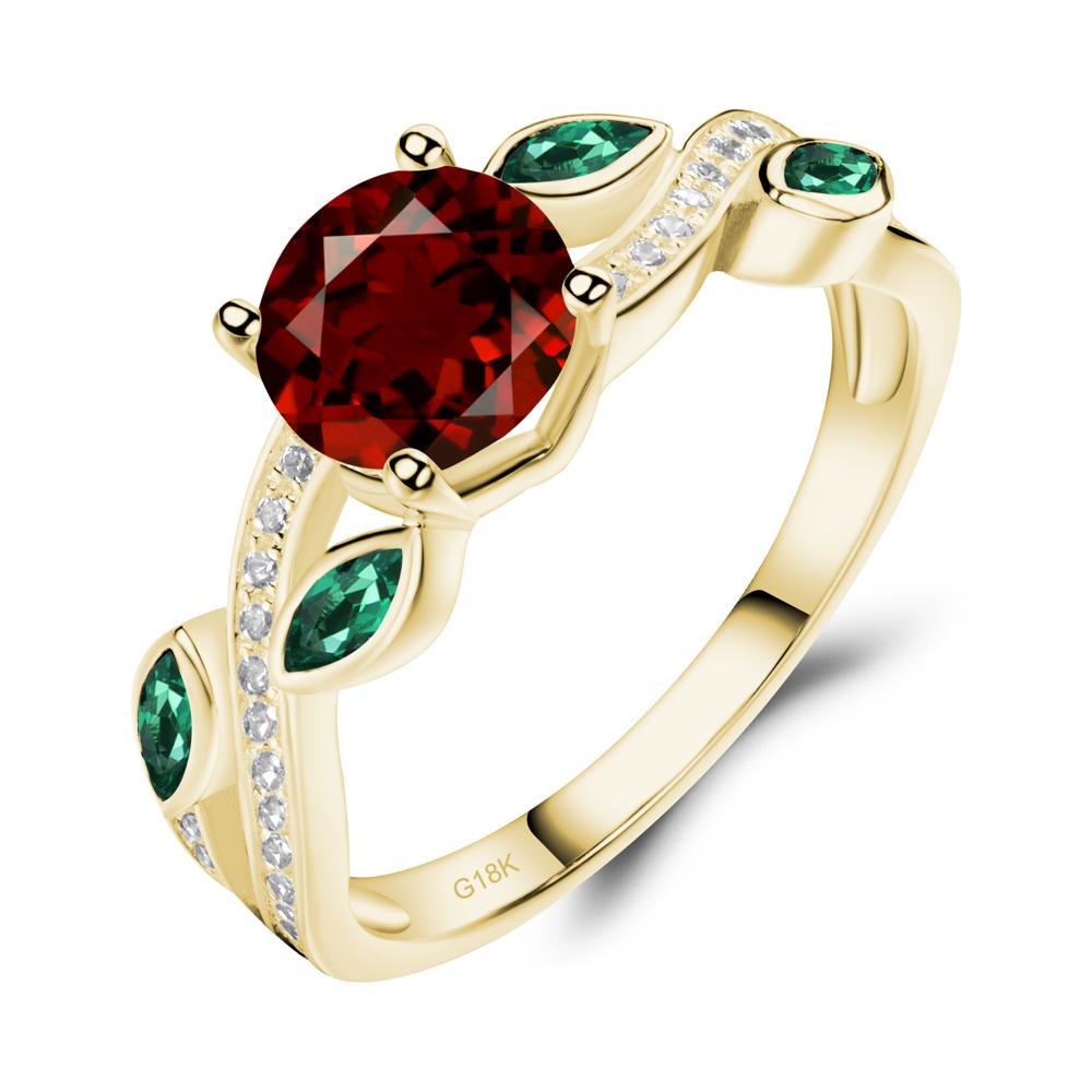 Garnet and Emerald Twisted Leaf Engagement Ring - LUO Jewelry #metal_18k yellow gold