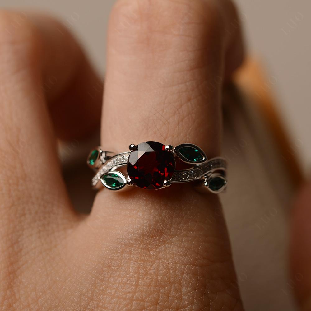 Garnet and Emerald Twisted Leaf Engagement Ring - LUO Jewelry