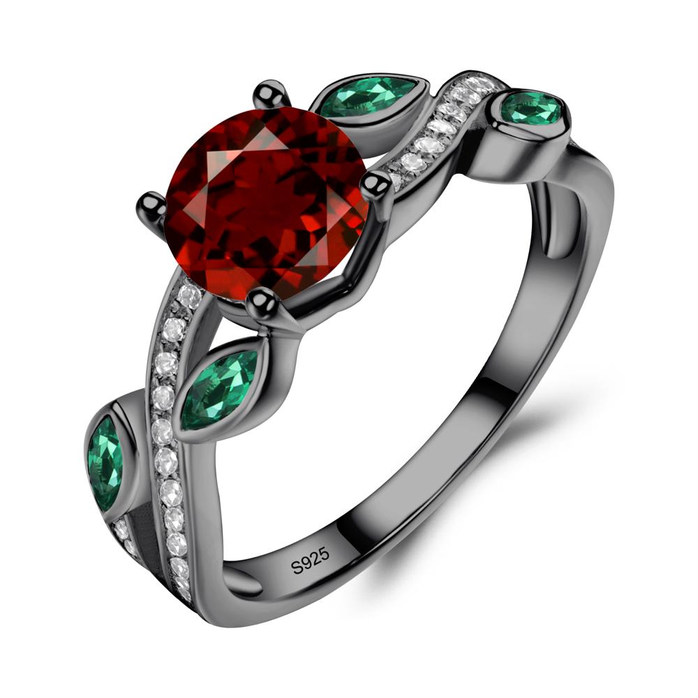 Garnet and Emerald Twisted Leaf Engagement Ring - LUO Jewelry #metal_black finish sterling silver