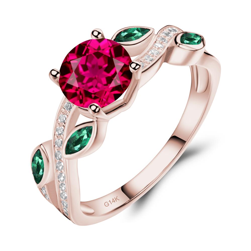 Ruby and Emerald Leaf Engagement Ring - LUO Jewelry #metal_14k rose gold