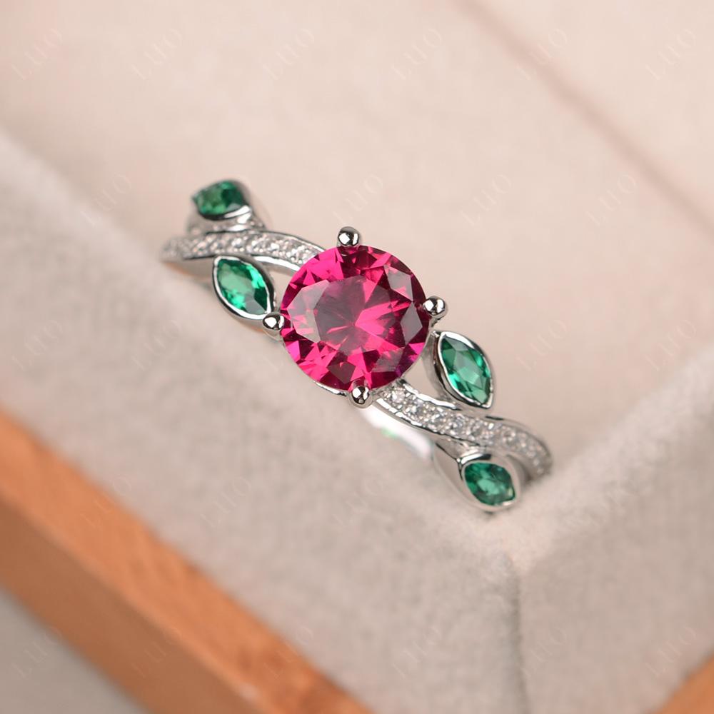Ruby and Emerald Leaf Engagement Ring - LUO Jewelry