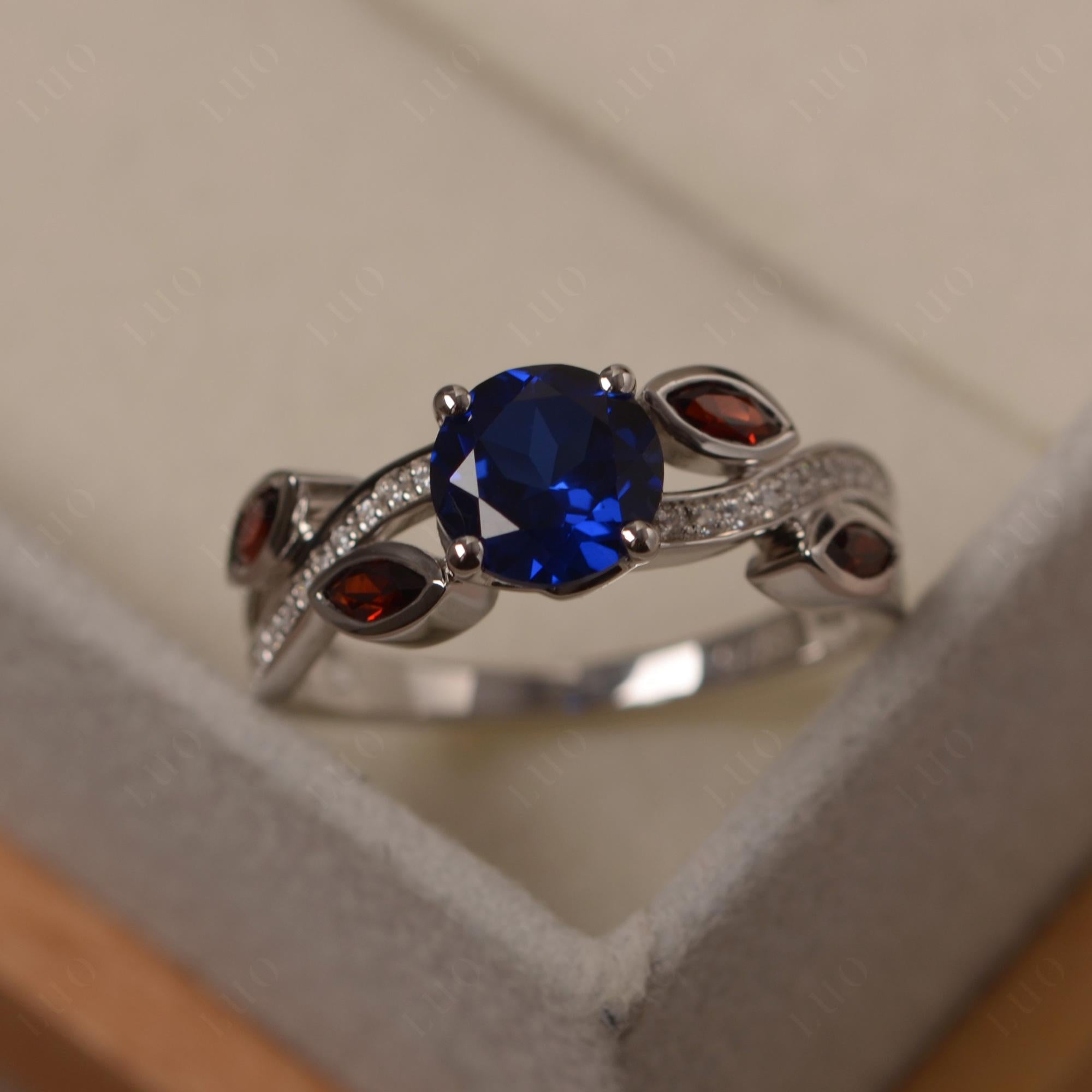 Sapphire and Garnet Engagement Ring with Leaf - LUO Jewelry