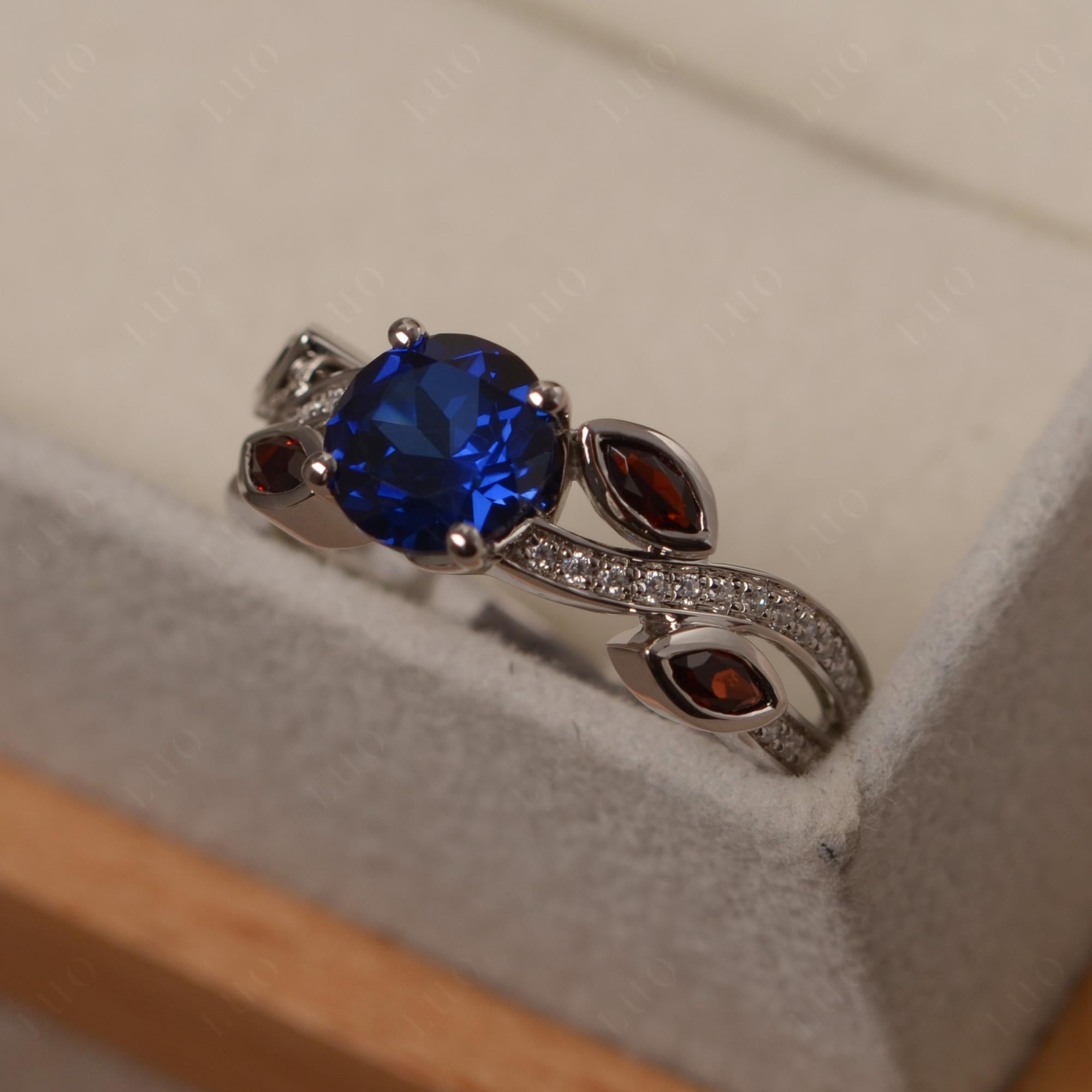 Sapphire and Garnet Engagement Ring with Leaf - LUO Jewelry