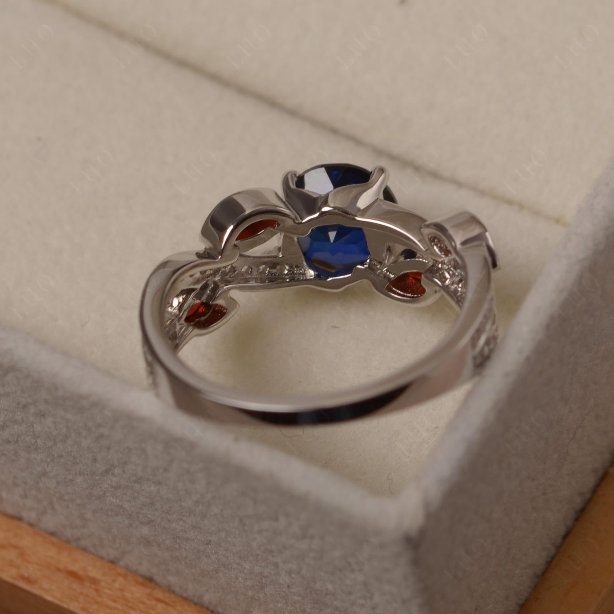 Sapphire and Garnet Engagement Ring with Leaf - LUO Jewelry