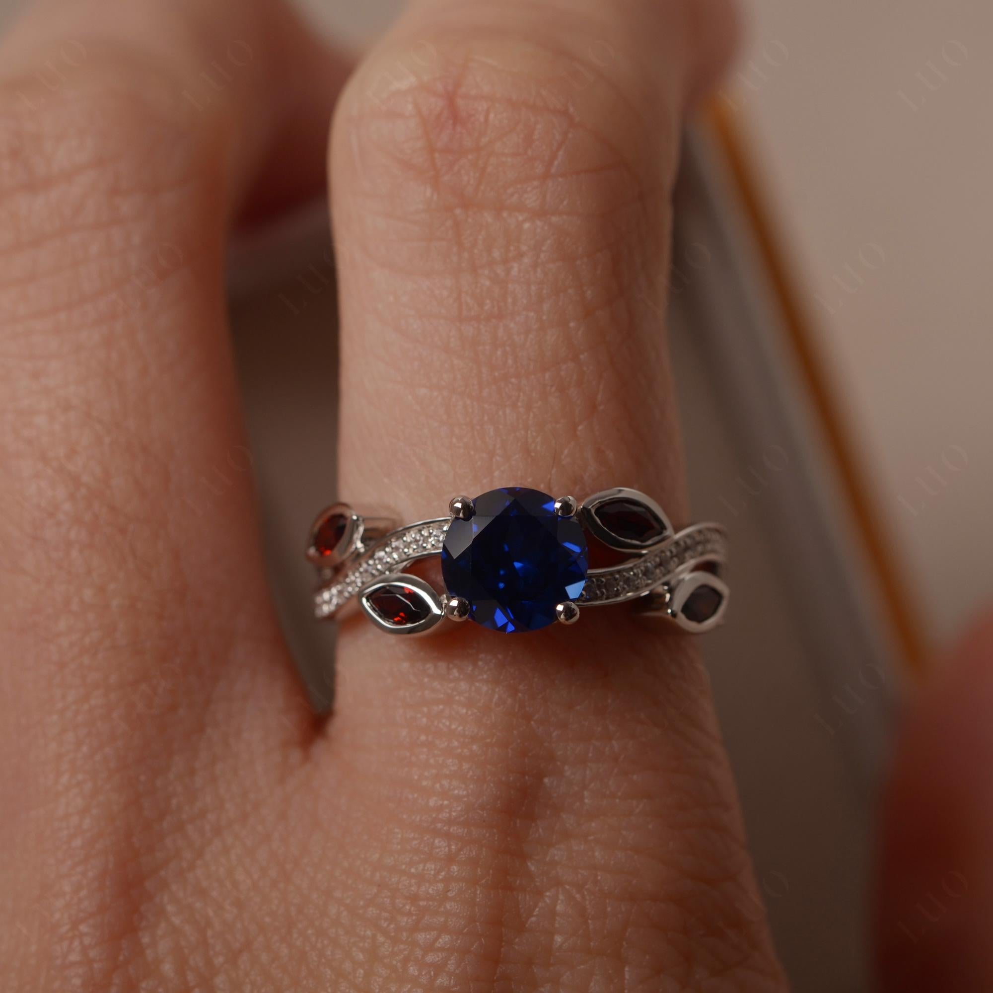 Sapphire and Garnet Engagement Ring with Leaf - LUO Jewelry