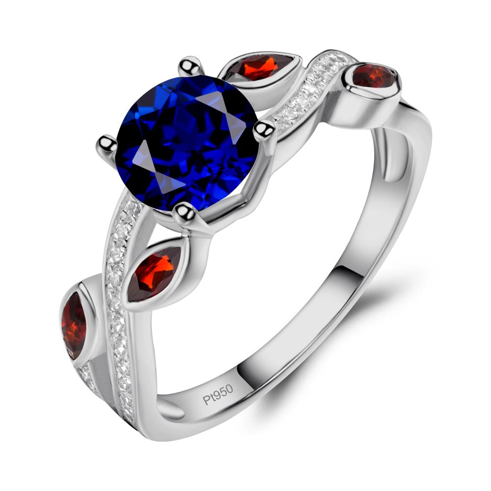 Sapphire and Garnet Engagement Ring with Leaf - LUO Jewelry #metal_platinum